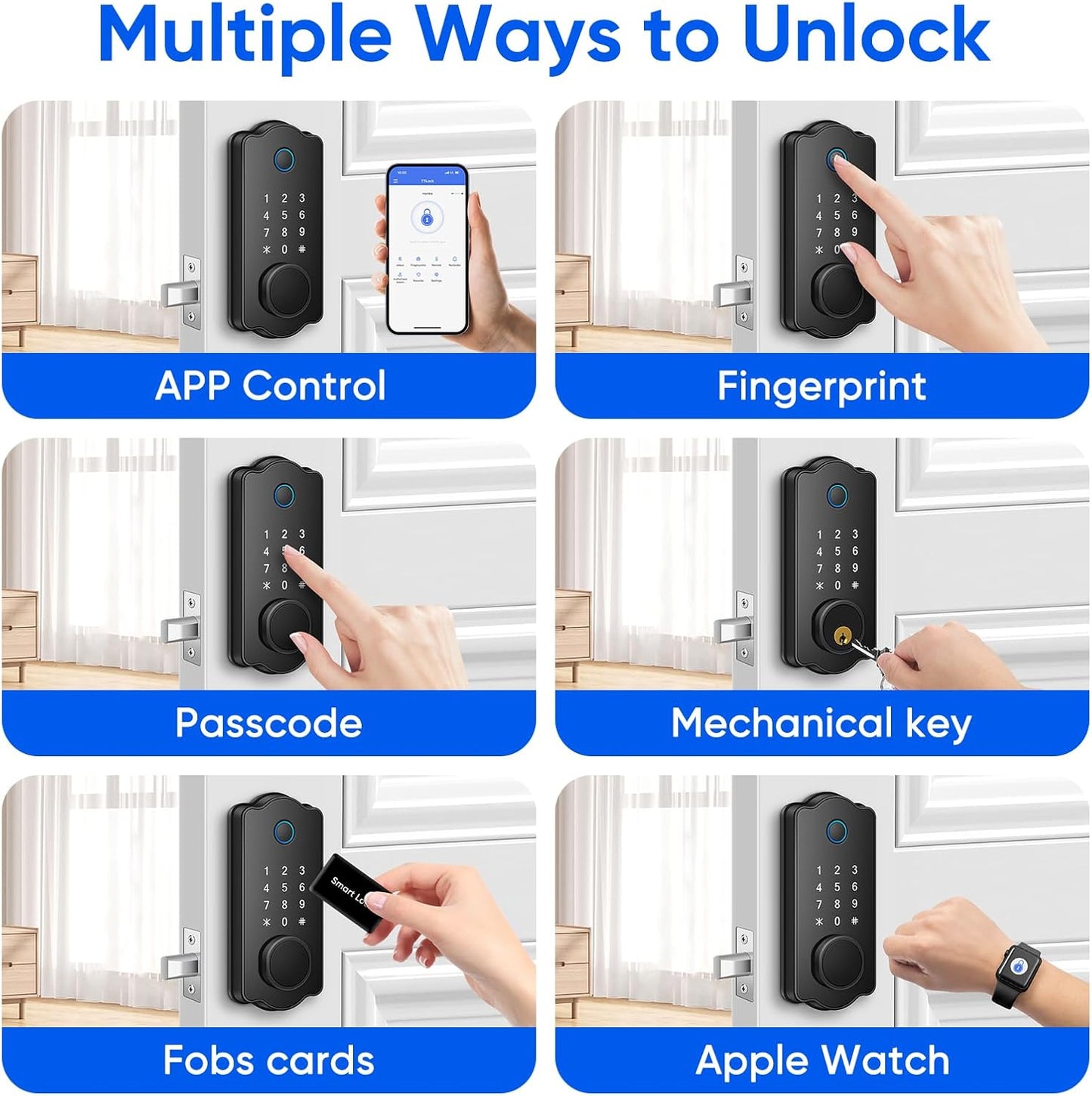 Fingerprint Smart Door Lock, Keyless Entry Deadbolt, Electronic Biometric Deadbolt with Phone/Watch App Control, Auto Lock with Touchscreen Keypad for Bedroom, Front Door, 7 Ways to Unlock