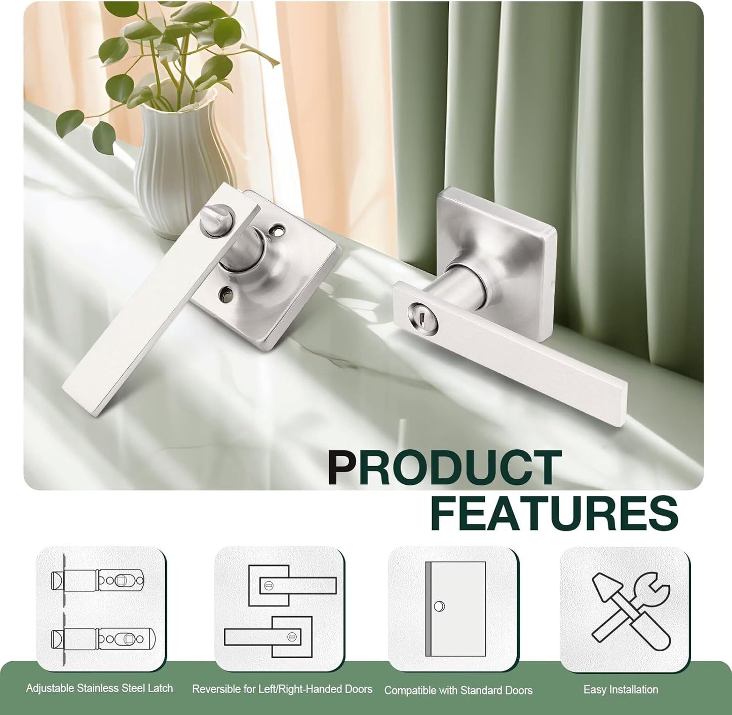 GOBEKOR 10 Pack Privacy Door Handles with Lock, Brushed Nickel Interior Keyless Lever for Bedroom and Bathroom