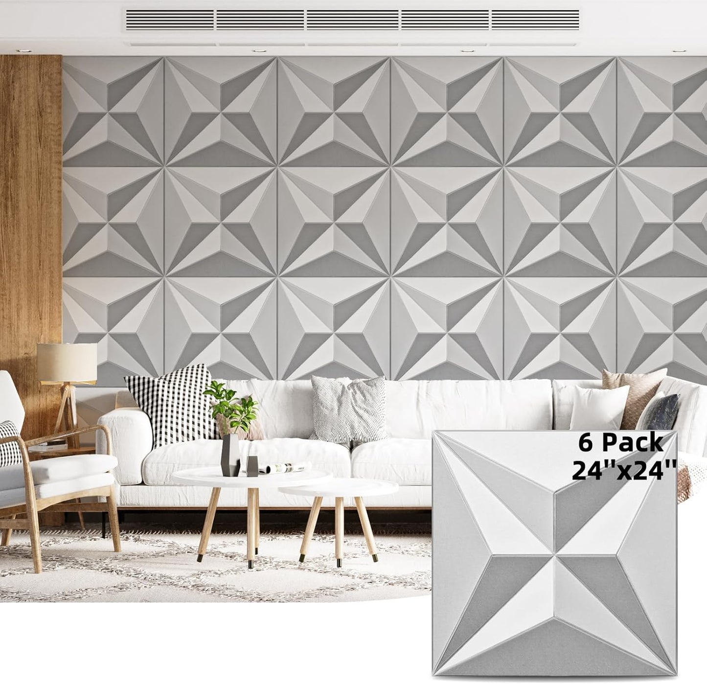 Art3dwallpanels 24" X 24" Acoustic Panels 6 Pack Soundproof Wall Panels Sound Dampening, 3D Wall Decor Absorbing Panels, White and Gray