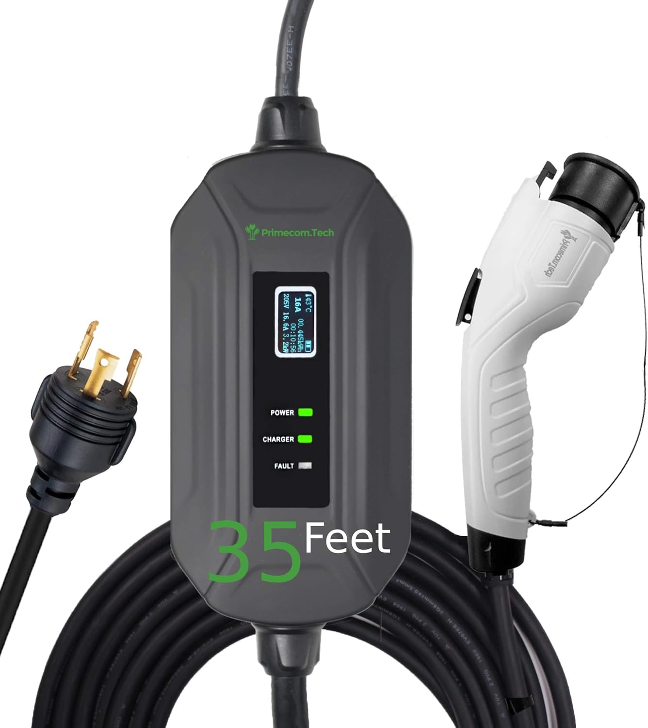 PRIMECOM Level 2 Electric Vehicle (EV) Charger (220V / 240Volt, 16Amp) Portable EVSE Smart Electric Car Charger, 30', 40', and 50 Feet Lengths (NEMA L6-30P, 35 Feet)