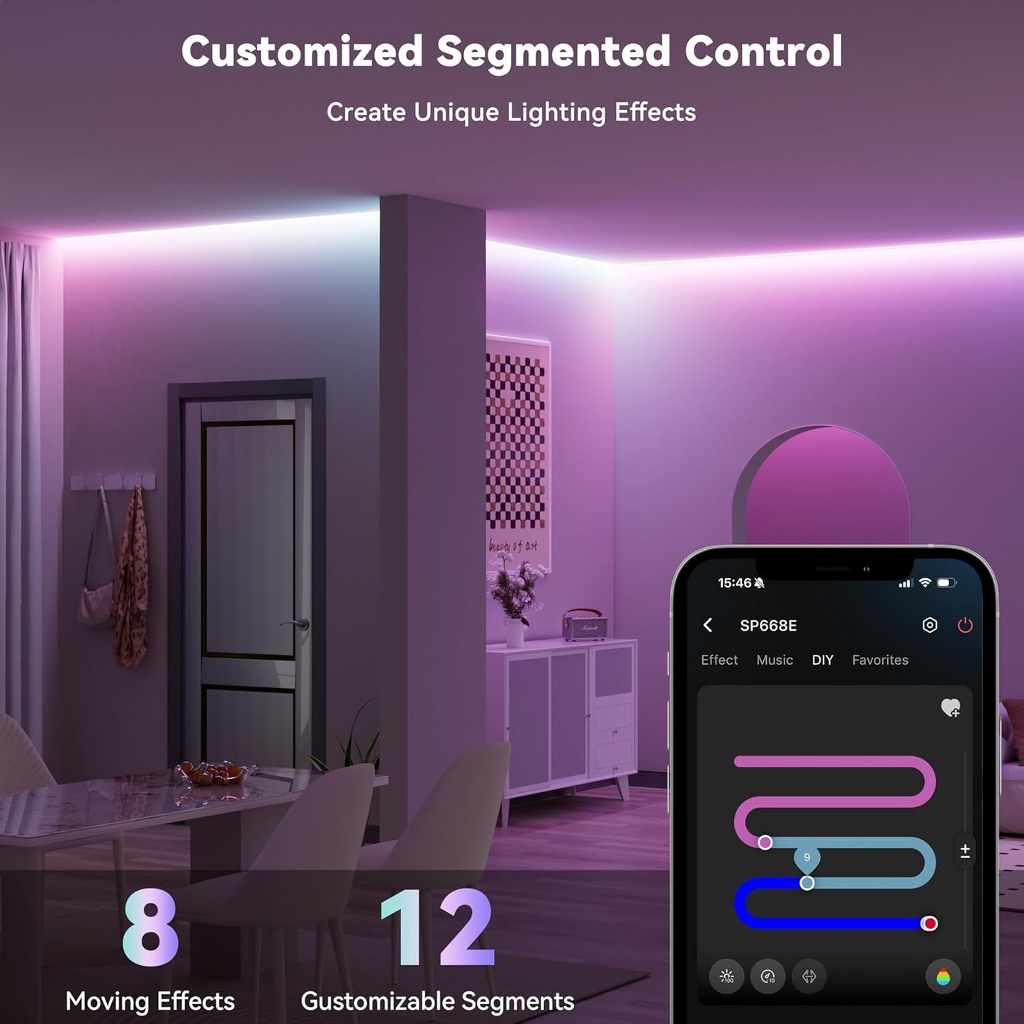 MIWISE LED Strip Lights,RGB Smart IC COB LED Strip Light Color Chasing,24ft Multicolor Flexible LED Tape Light,Music Sync with APP Control,Addressable DIY 16M Colors, for Cabinet,Bedroom,Party Decor