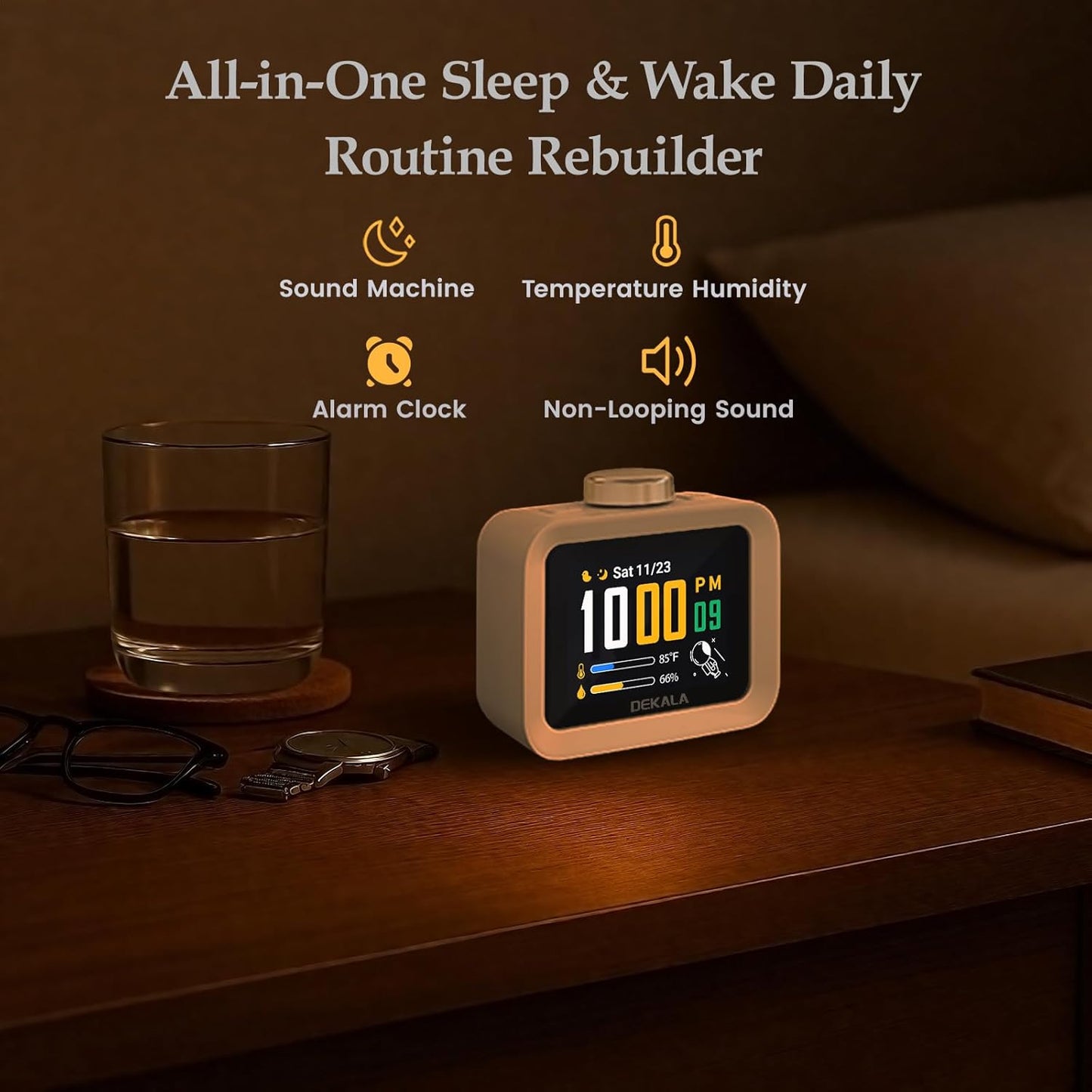 Dekala AuraDot White Noise Sound Machine for Sleep Temperature Humidity Monitor, 30 Non-Loop Soothing Sounds, Timer/Play All Night, Animationed Sleep Screen, 7-Day Programmable 4 Alarm Clock