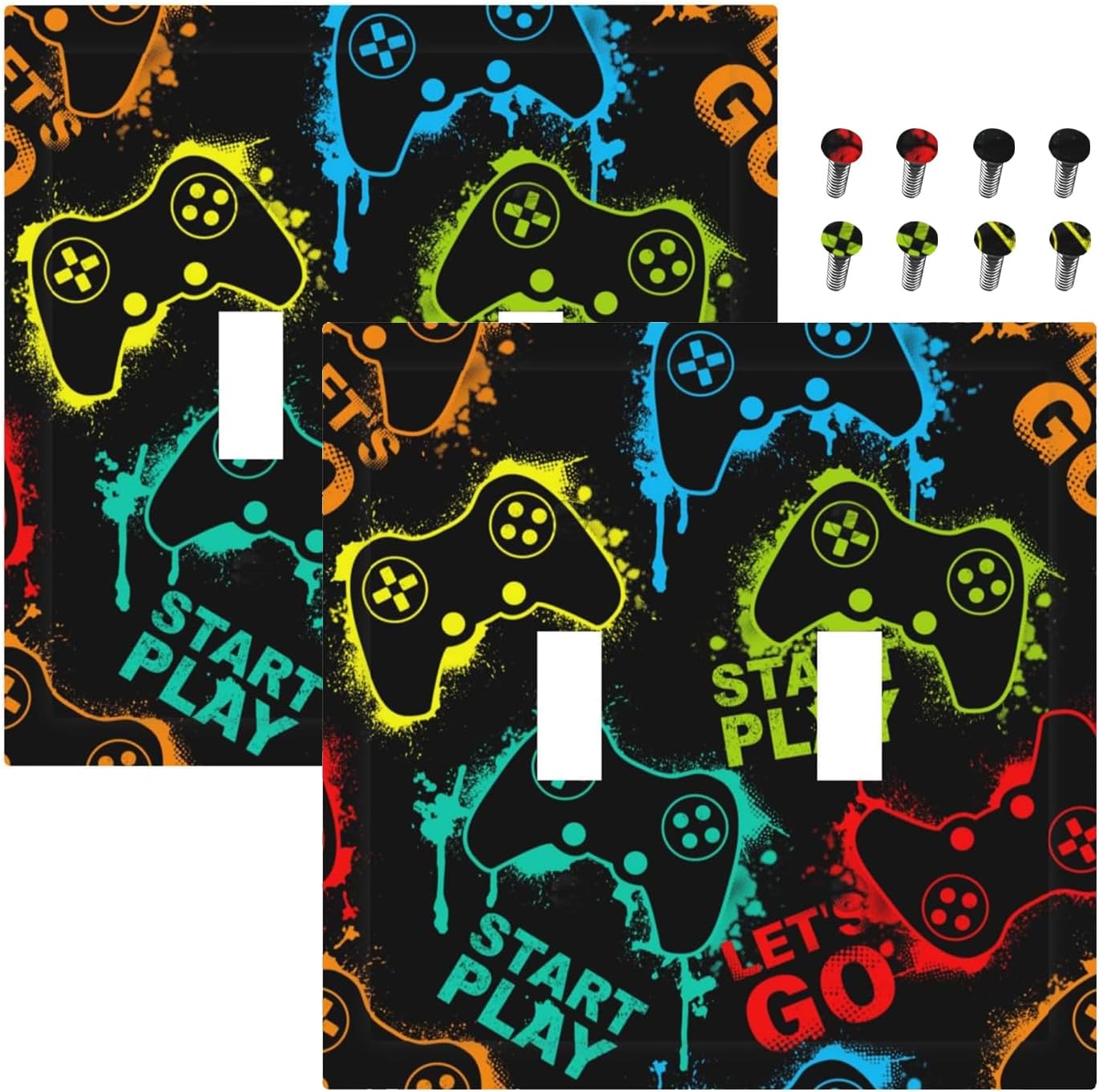 Decorative Light Switch Plate Covers Gamepad Theme Graffiti 2 Gang Light Switch Cover Unique Double Toggle Wall Plate Outlet Covers for Game Room Home Decor （2 Pack）