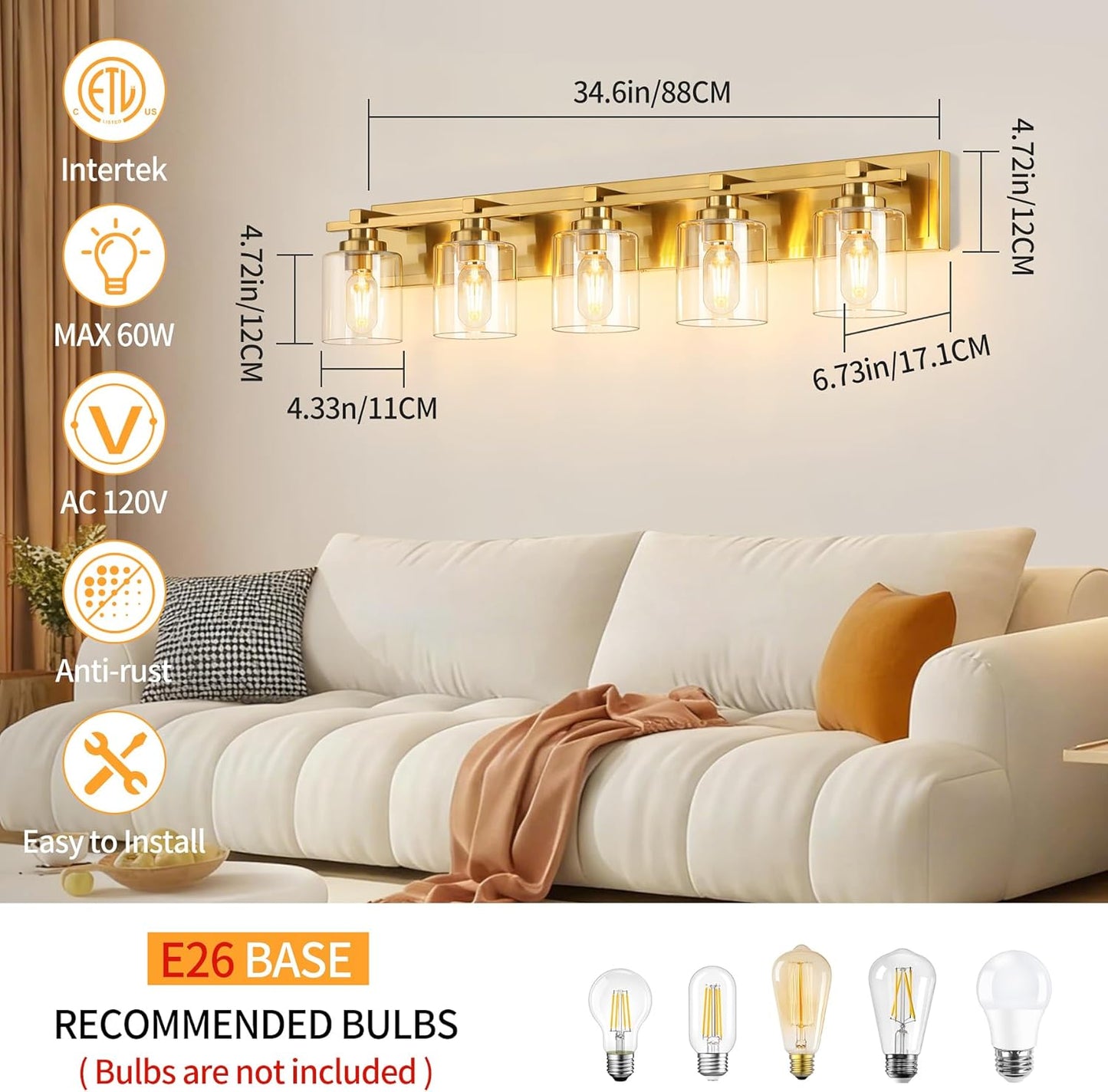 5 Light Modern Bathroom Light Fixtures Over Mirror, Brass Finish Vanity Lights for Bathroom Wall Sconces with Clear Glass Shades, E26 Socket (Bulbs Not Included)