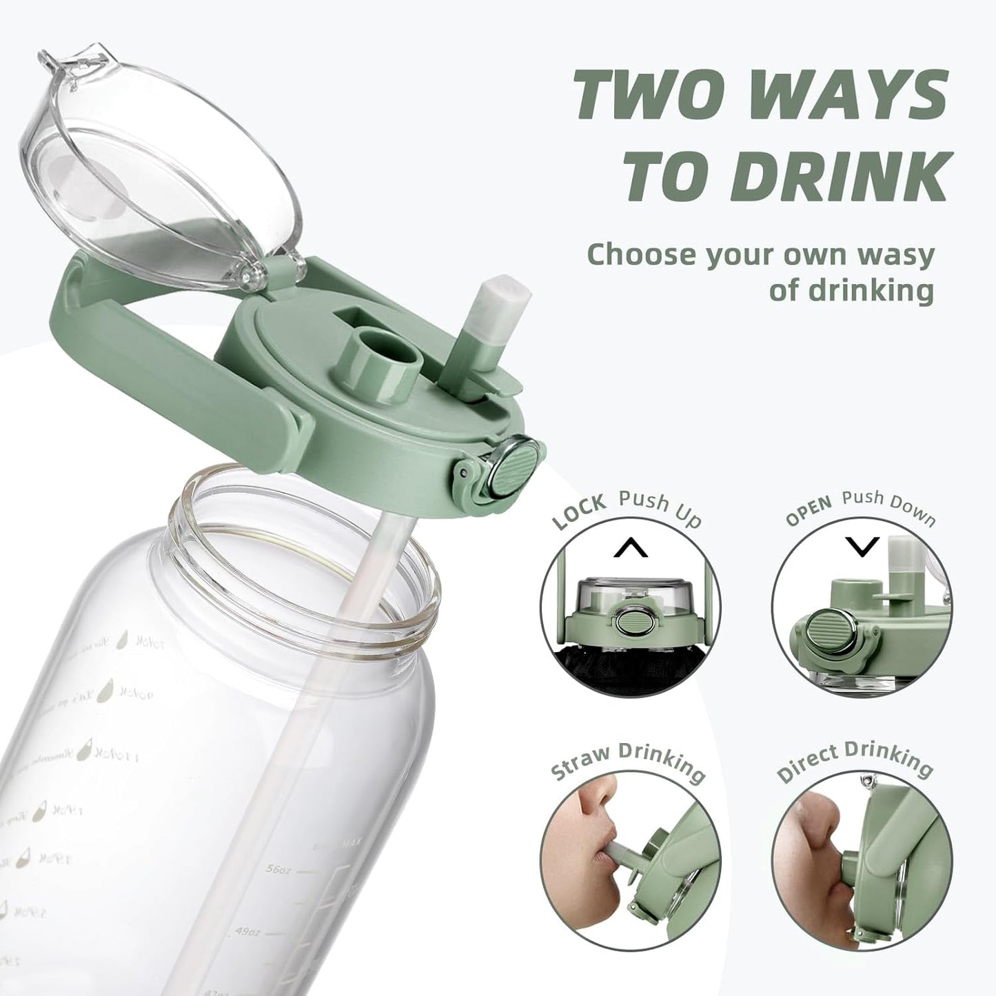 64oz Glass Water Bottle with Straw and Sleeve Half Gallon Motivational Water Bottle with Time Marke and Strap 2L Leakproof Borosilicate Reusable Water Jug for Gym Outdoors