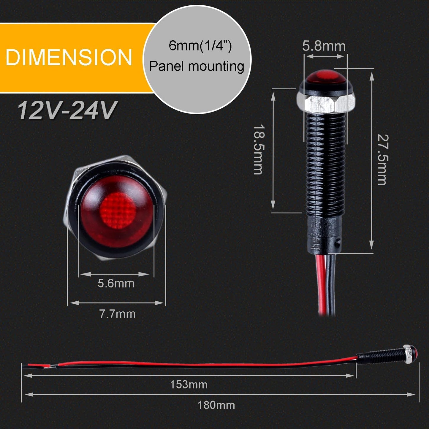 5pcs 6mm LED Indicator Light Plastic Black Signal Dot Lamp 12V-24V 1/4" Mounting Hole Size with 15cm/5.9in. Wire (Mix:Red White Yellow Blue Green)