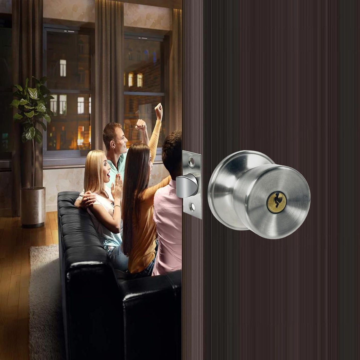 JO.KO Door Knob with Lock and Keyed, Satin Nickel Round Ball Lock Interior/Exterior Door Knob for Bedroom Or Bathroom (Stainless)