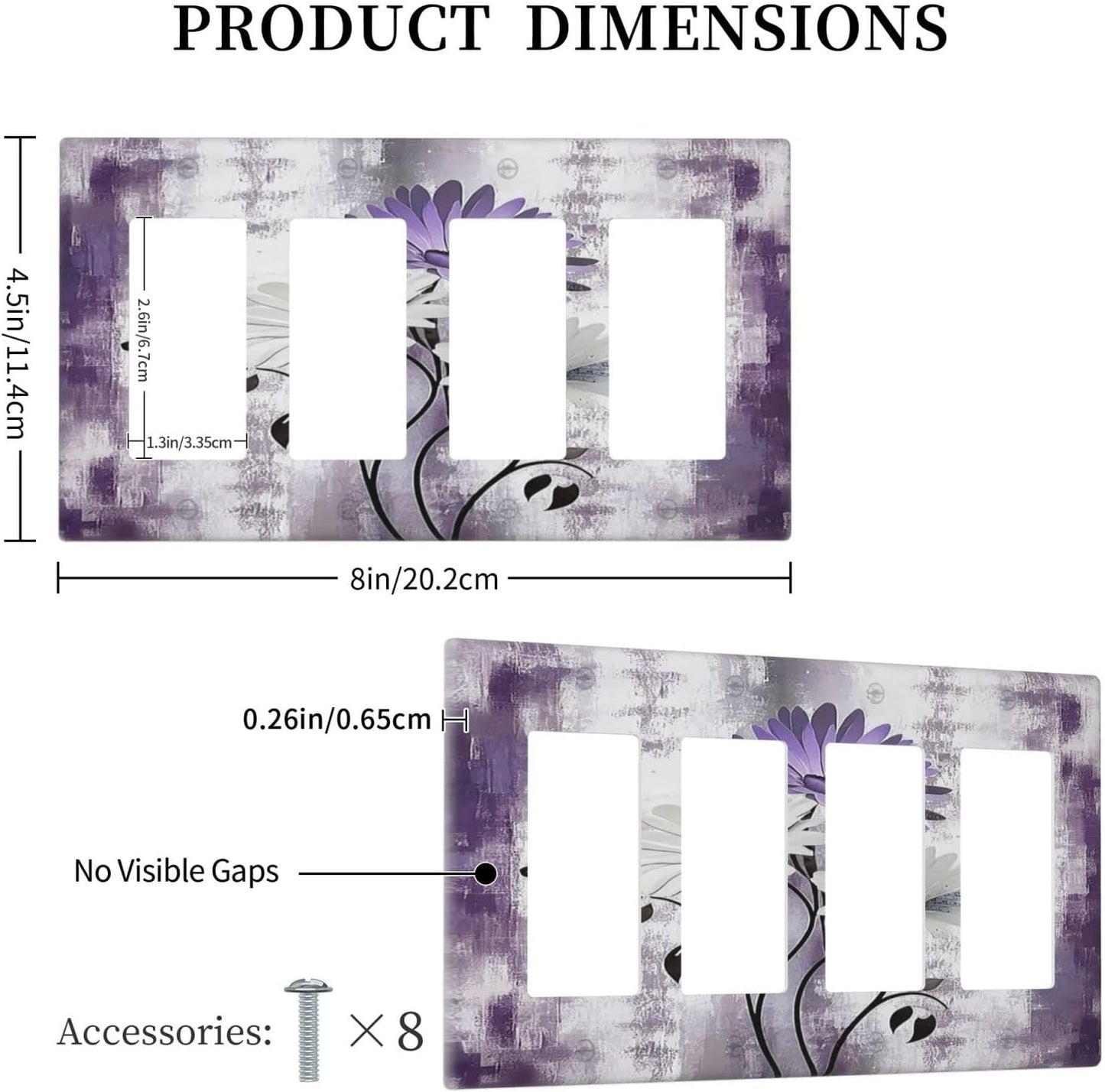 Purple Daisy White Floral Butterfly Flowers 4 Gang Wall Plates Outlet Covers Quad Rocker Light Switch Cover Plate Decorative Switch Plates GFCI Electrical Faceplate for Bathroom Bedroom 4.5 X 8 IN