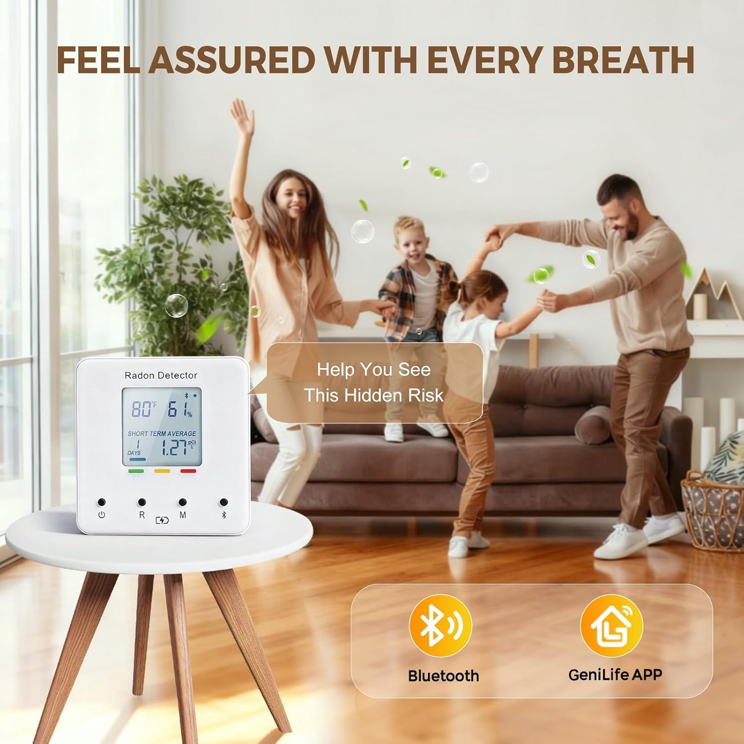 Bluetooth Radon Detector for Home, Portable Radon Tester with Real Time Gas Concentration, Temp & Humidity Monitoring, App Alerts, Detect Hidden Risks and Breathe with Confidence