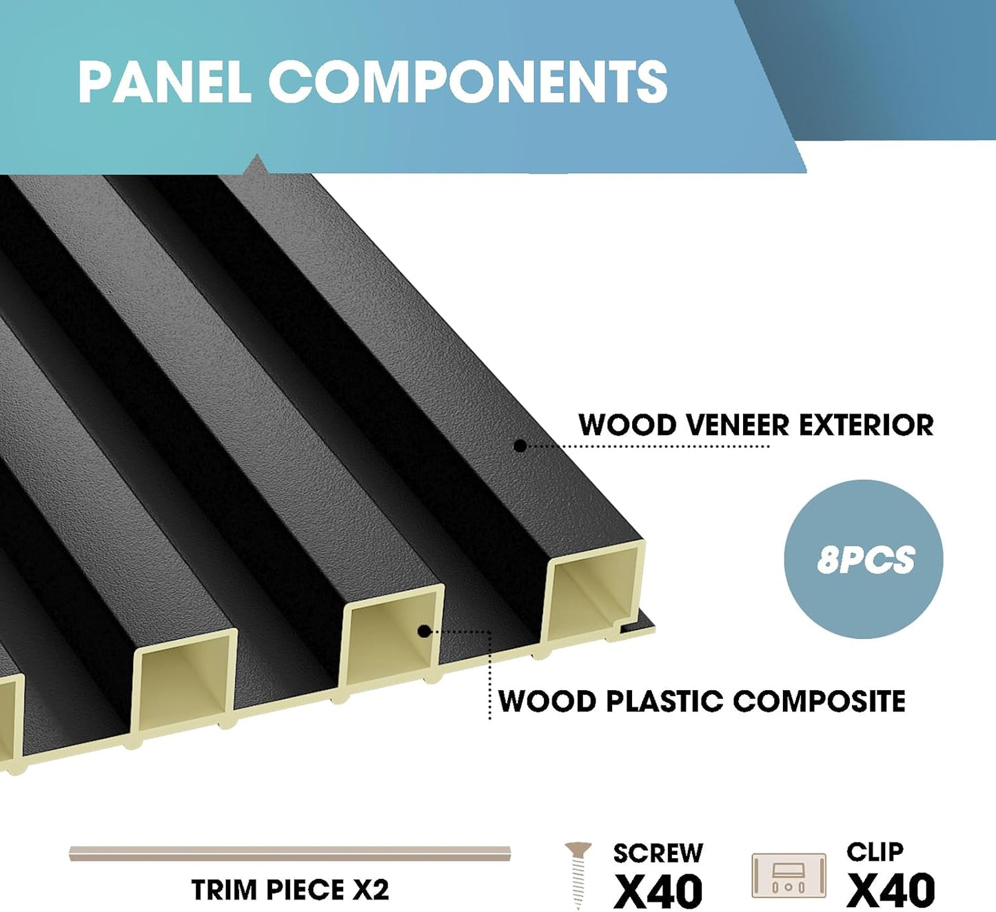 OUZUGIE WPC Acoustic Slat Wall Paneling, 8-Pack 114 x 6 Inches 3D Wall Panels for Interior Wall Decor,Living Room,TV Background,Study Room,Office Spaces,Bedroom,High Grille (Black)