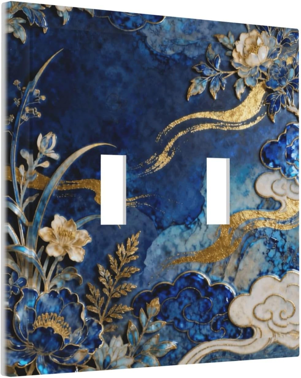Decorative Light Switch Cover Plate Blue White Flower Gold Line Cloud 2 Gang Outlet Covers Double Toggle Wall Plates for Electrical Outlets Switch Plate Covers Faceplate for Home Decor