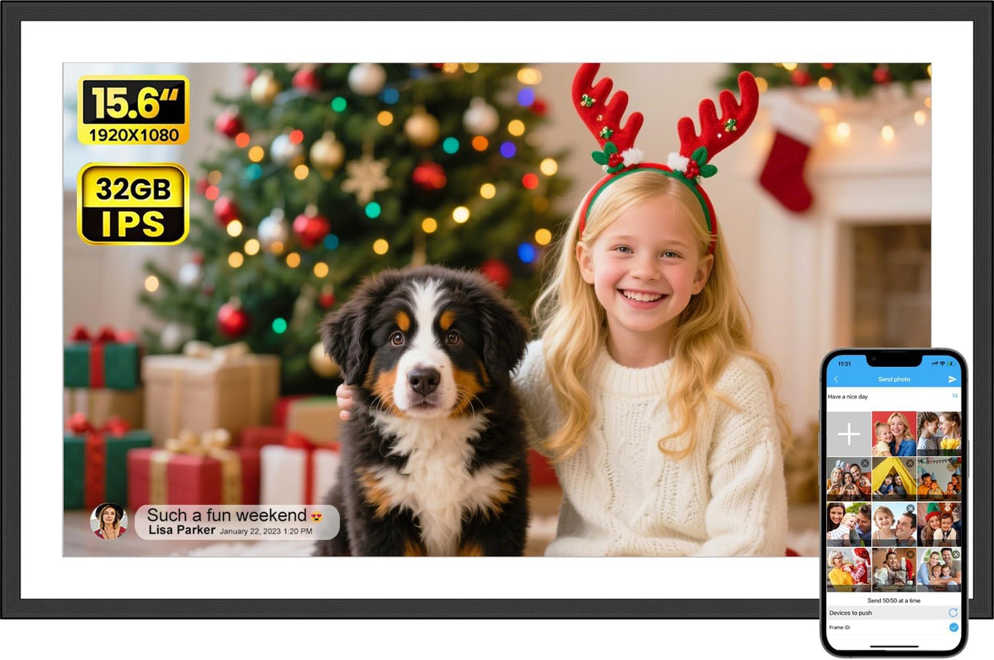 SSAWIFIFRAME Digital Picture Frame 15.6 inch Large 32GB WiFi Digital Photo Frame, Easy to Share Photos and Videos via Free App, IPS Touch Screen, Auto-Rotate, Send 50 Photos one time no Limit