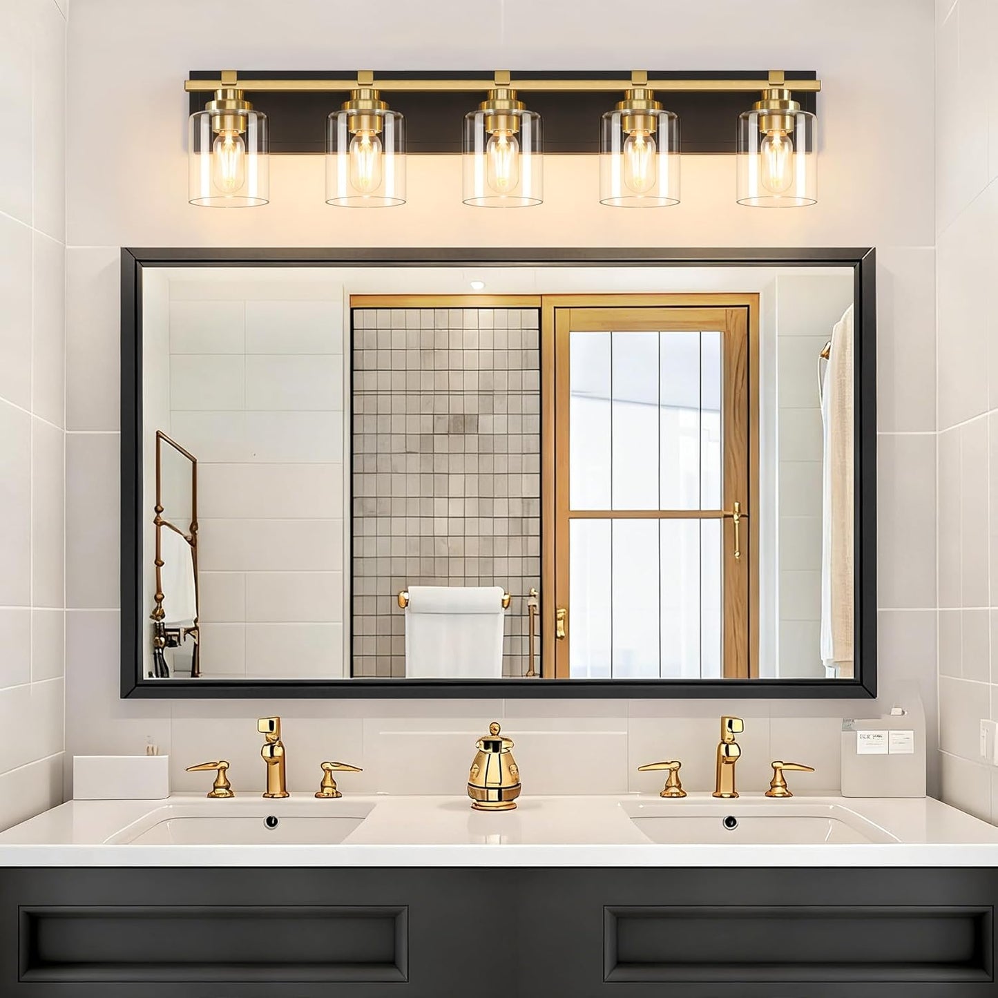 5 Light Modern Bathroom Light Fixtures Over Mirror, Black Gold Vanity Lights for Bathroom Wall Sconces with Clear Glass Shades, E26 Socket (Bulbs Not Included)