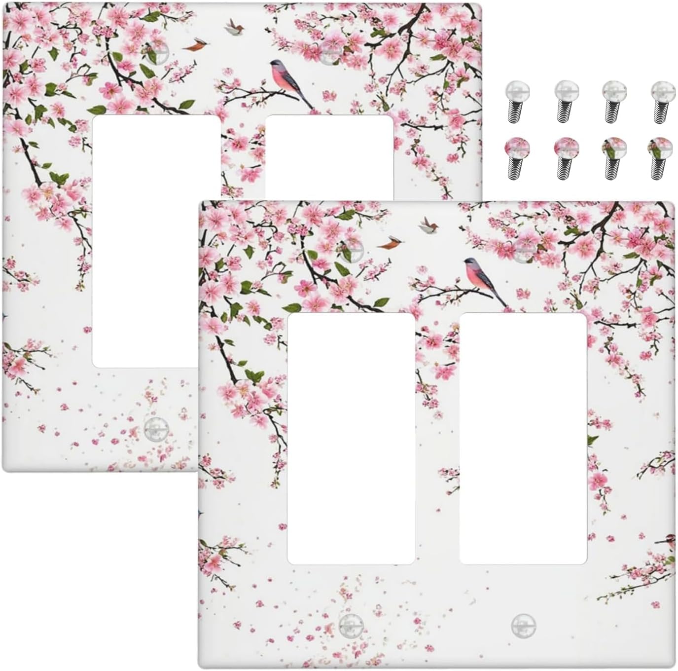 Decorative Outlet Covers Rustic Plum Blossom Pink Flowers 2 Gang Light Switch Cover Plate Double Rocker Wall Plate Switch Plate Covers Faceplate for Home Bedroom Decor （2 Pack）
