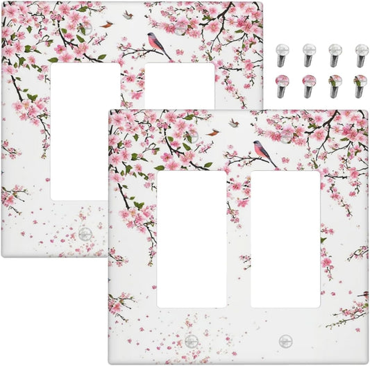 Decorative Outlet Covers Rustic Plum Blossom Pink Flowers 2 Gang Light Switch Cover Plate Double Rocker Wall Plate Switch Plate Covers Faceplate for Home Bedroom Decor （2 Pack）