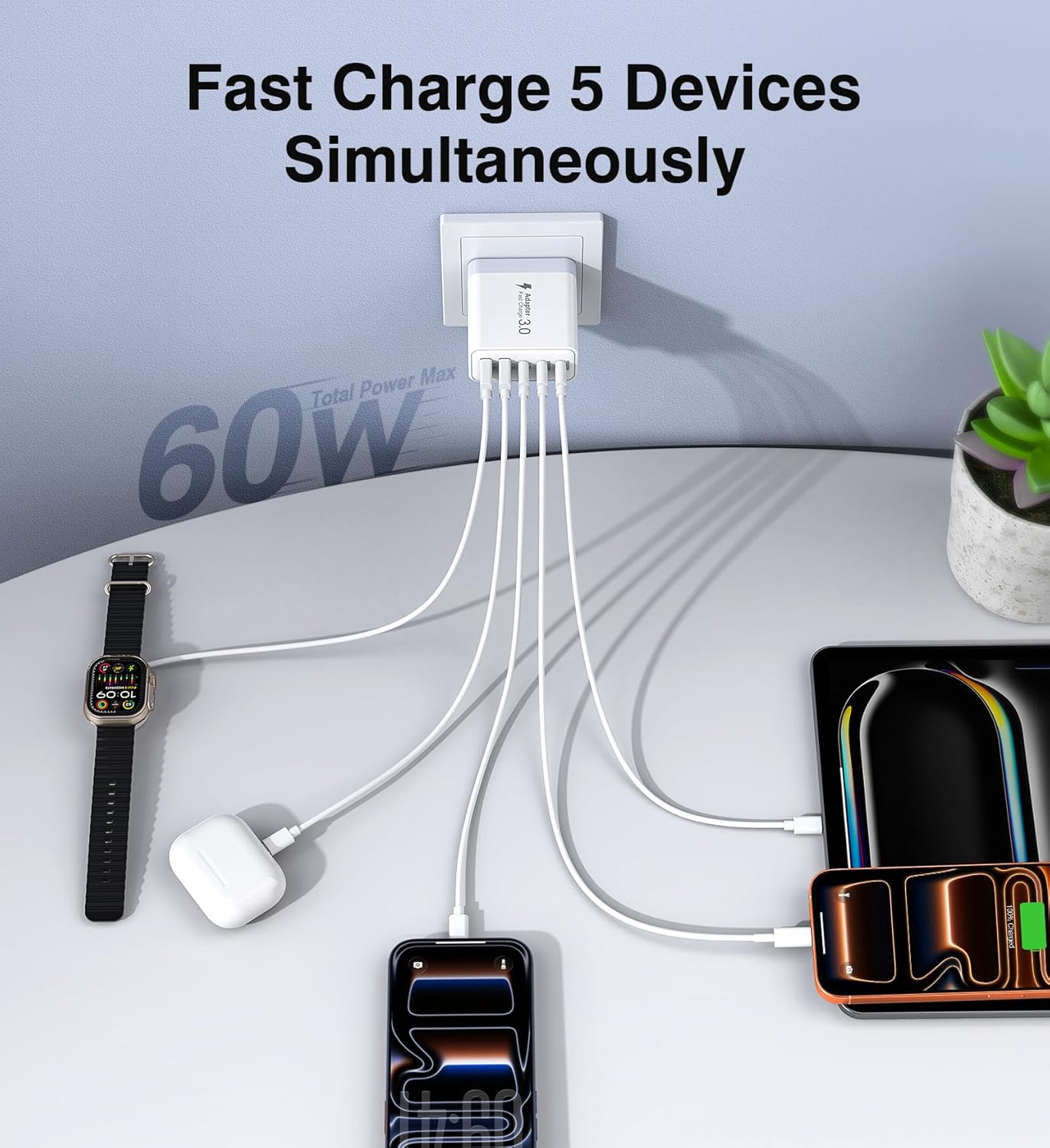 USB C Charger Block, [2-Pack] 60W 5-Port Fast Charger 20W Type C Charging Block 3.1A USB Wall Charger Dual Port PD+QC Charging Cube for iPhone 17 16 15 14 13 12 Pro Max XS, iPad, Samsung Phone, Tablet
