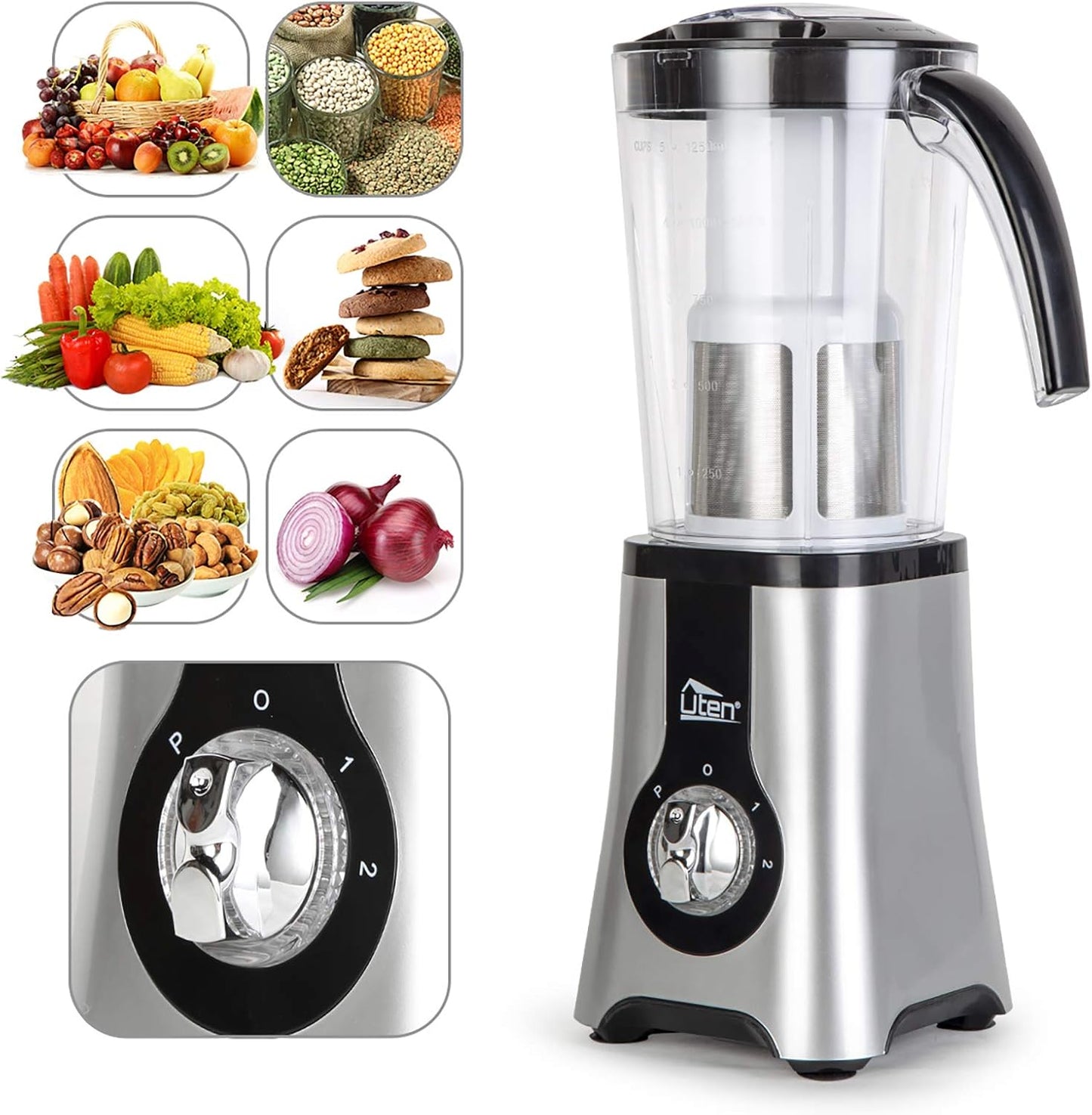 Uten 5-in-1 Smoothie Blender 42 oz/1.25L, Multi-Functional Mixer, Smoothie Maker, Juicer, Grinder with 304 Stainless Steel Blades, BPA-Free, Dishwasher Safe, Includes 3 Blender Cups & 2 Travel Bottles