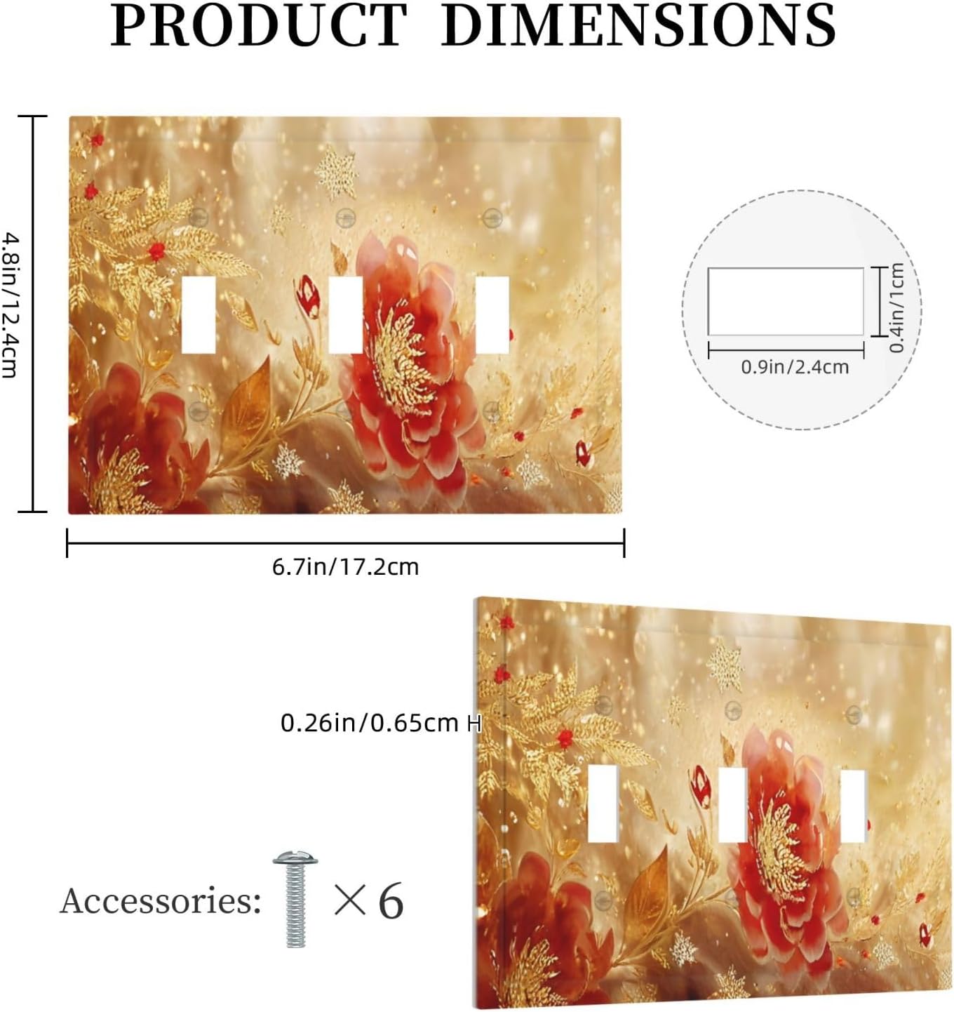 Decorative Light Switch Cover Plate Golden Leaf Red Peony Flowers Floral 3 Gang Wall Plate Oversized Triple Toggle Switch Cover Plate Jumbo Faceplate for Bedroom Decor