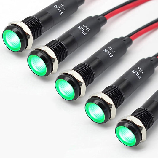 5Pcs 8MM (5/16'') Indicator Light 110v 120v Metal Pilot Lamp Lights Aluminum Black Anodized Waterproof ip67 Red Signal Lamp Light (Green-5pcs, 110V-Black Anodized)