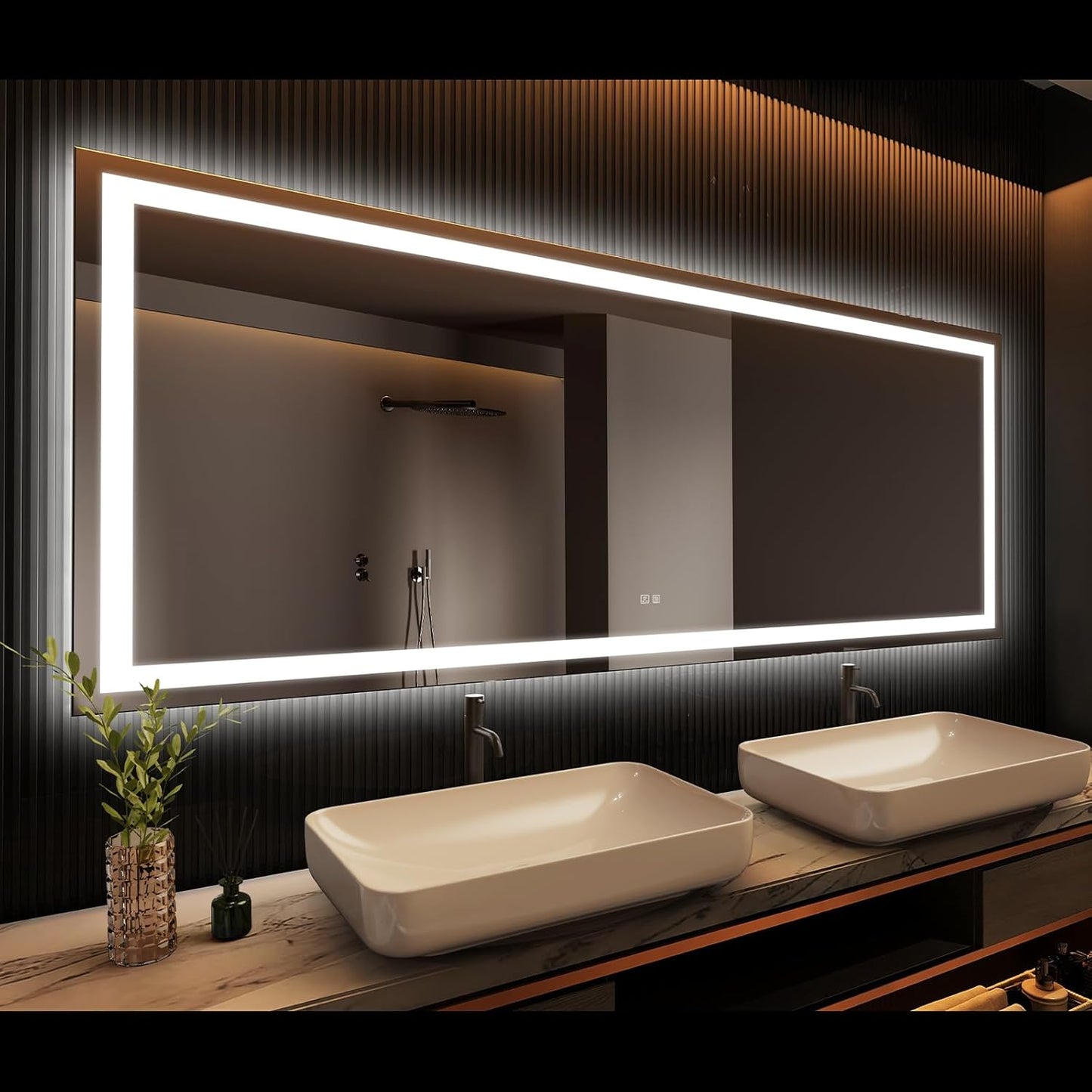 APRILSOUL 55x36 Inch LED Bathroom Mirror with Front and Backlit, Makeup Mirror with 3 Color Lights, Memory Function, Anti-Fog and Dimmable Light (Horizontal)