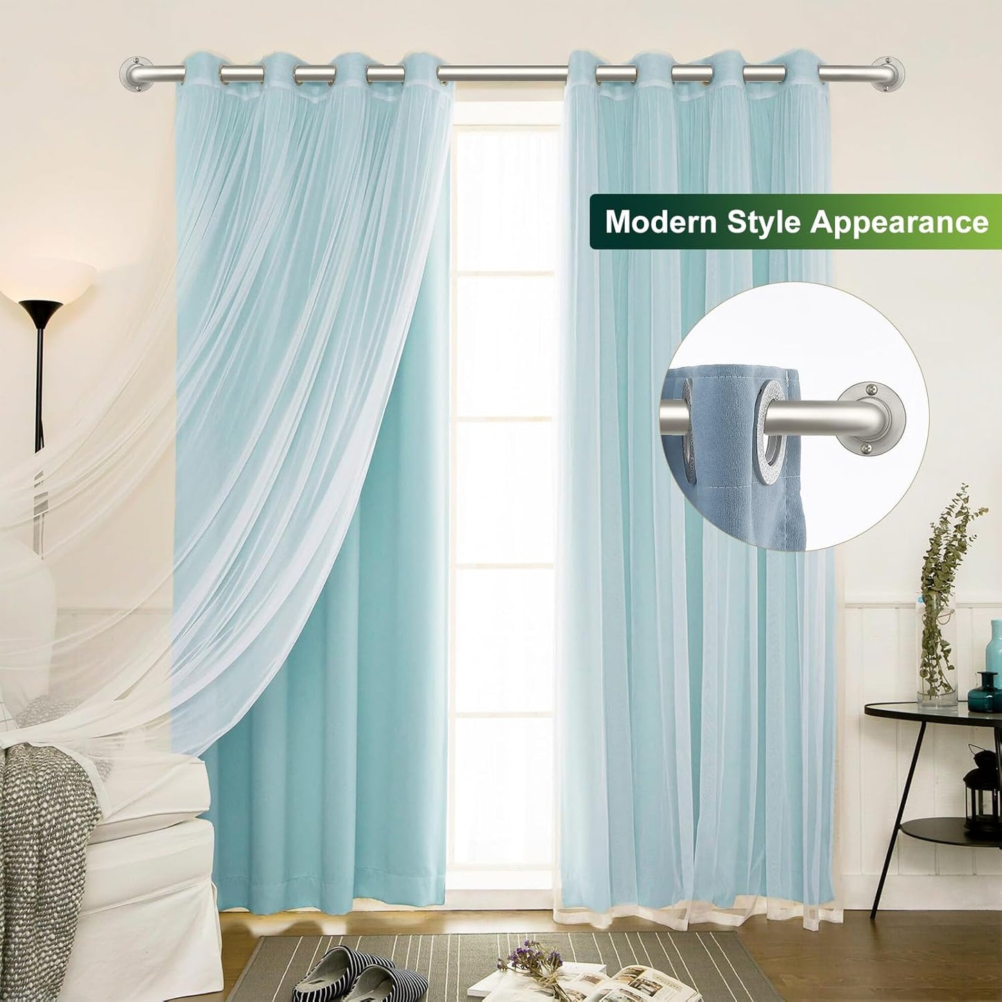 Nickel Wrap Around Curtain Rods 66 to 120In:Blackout Heavy duty Adjustable Window Curtain Rod for Bedroom,Industrial Darkening Curved French Metal Single Drapery Rods Easy Install,Satin Nickel