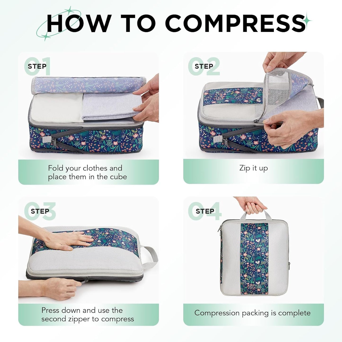 8 Set Compression Packing Cubes for Travel Essentials,Compressible Expandable Packing Cubes for Suitcase,OlarHike Luggage Organizer Bags for Travel(Dark Blue Floral)