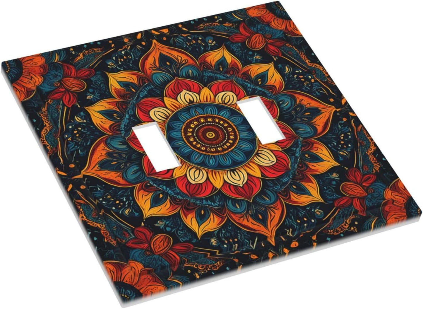 Boho Colorful Mandala 2 Gang Double Toggle Light Switch Cover Decorative Switchplate Electrical Wall Plates Faceplate for Bathroom Bedroom Decor 4.9 X 5 IN