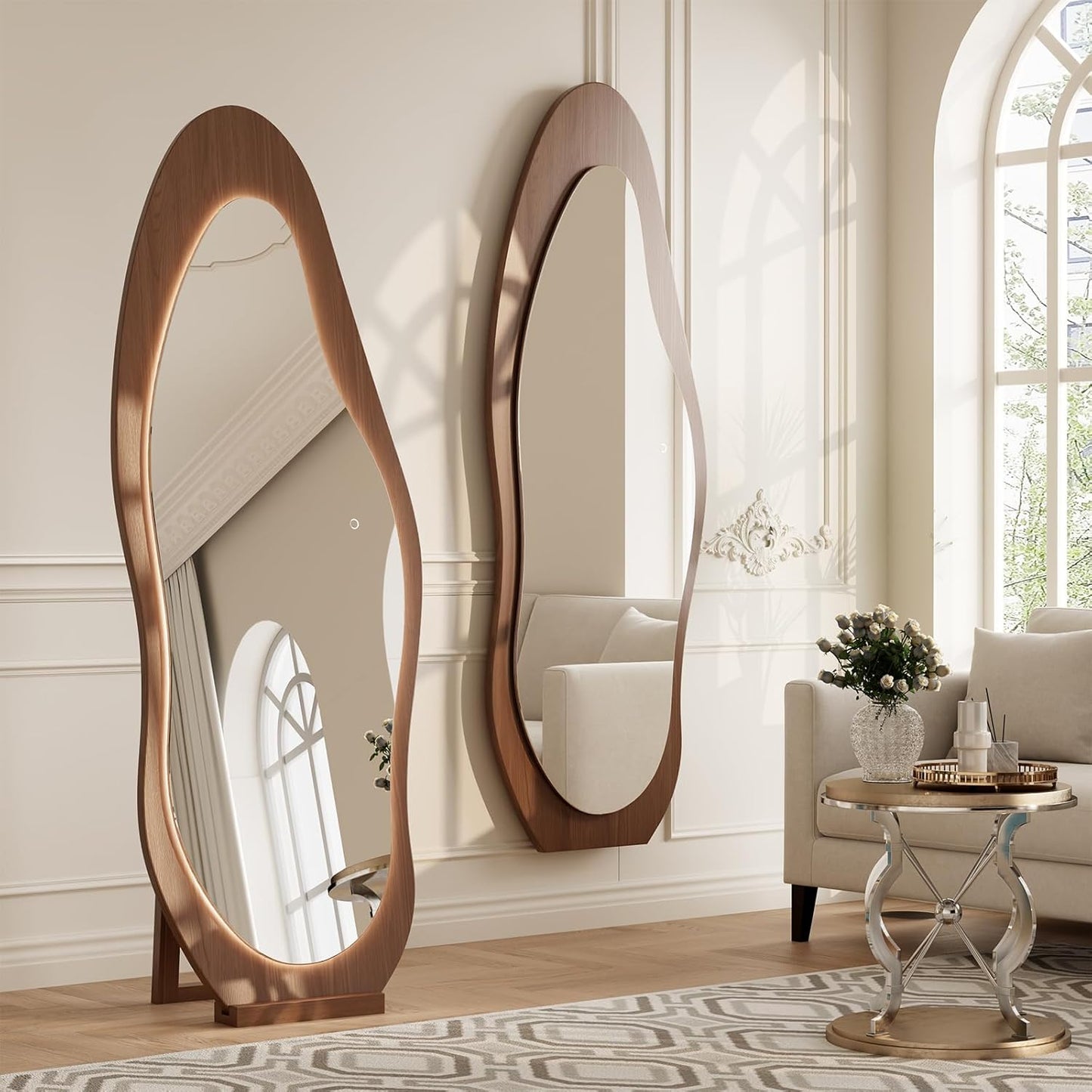 WoodsWhisper 69"x 24" Wavy Mirror Full Length,Lights Irregular led Full Length Mirror, Wavy Wall Mirrors,Shatter-Proof Hanging or Leaning Against Wall for Cloakroom/Bedroom/Living Room,Walnut