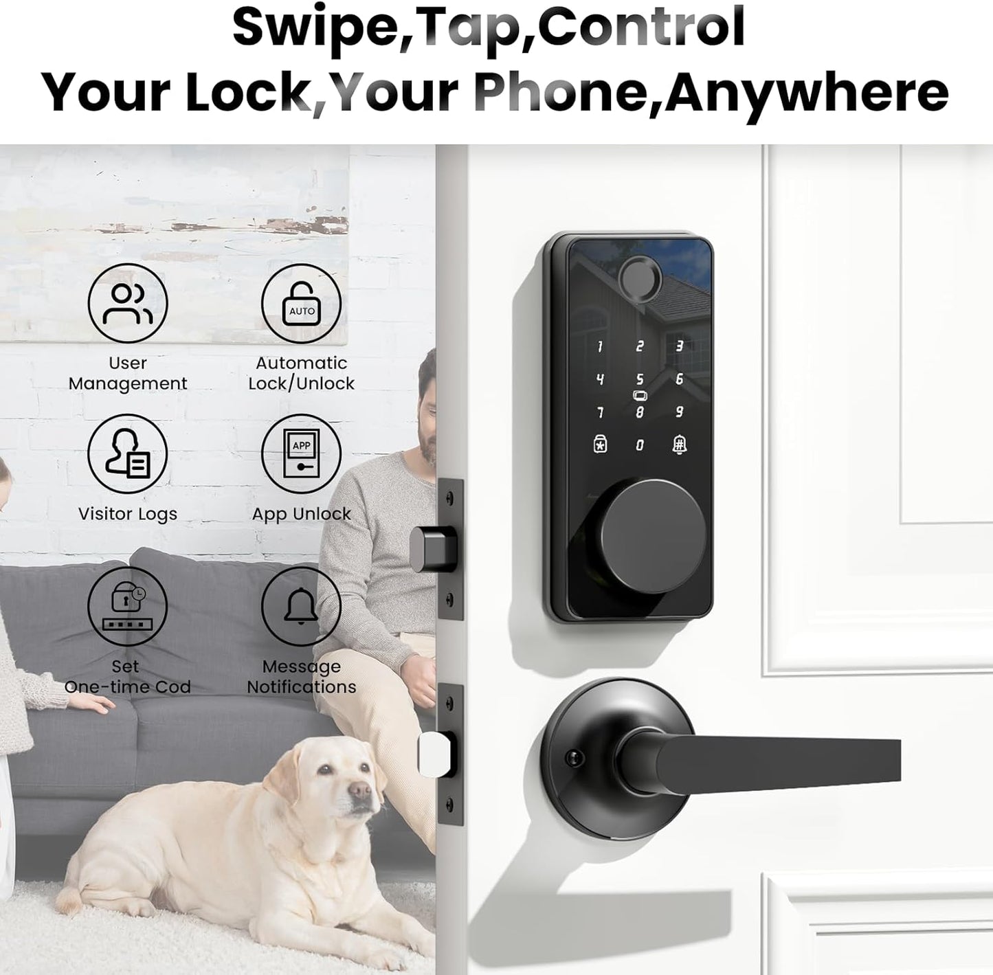 Smart Lock with Handles, Fingerprint Door Lock App Control, Keyless Entry Door Lock Set, Electronic Keypad Deadbolt, Auto & One Touch Lock, Easy Installation, IP54, Digital Smart Code