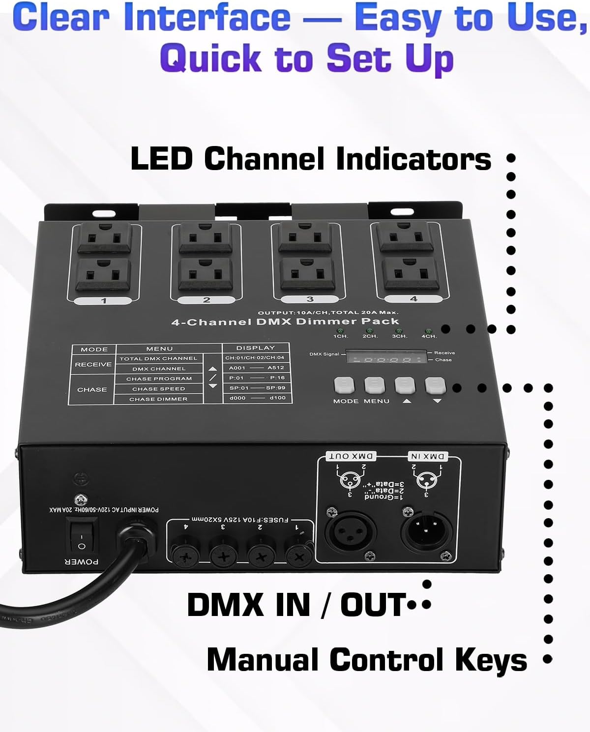 Dmx Dimmer Pack,4 Channel Dmx512 Dimmer Pack， Lighting Controller, Dimmer Pack Suitable for Stage Lighting Control