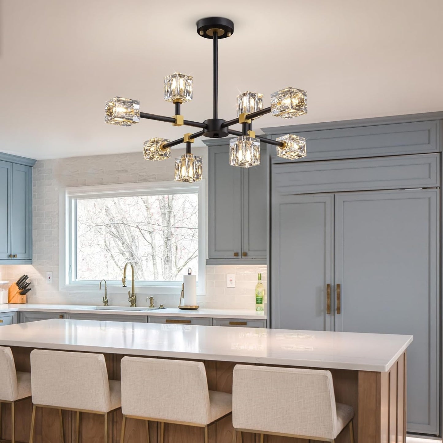 Black Sputnik Chandelier,Crystal Chandeliers with 8-Lights,Modern Semi Flush Mount Ceiling Light Fixture with Adjustable Height,Pendant Light Fixture for dining room,kitchen island,bedroom,living room