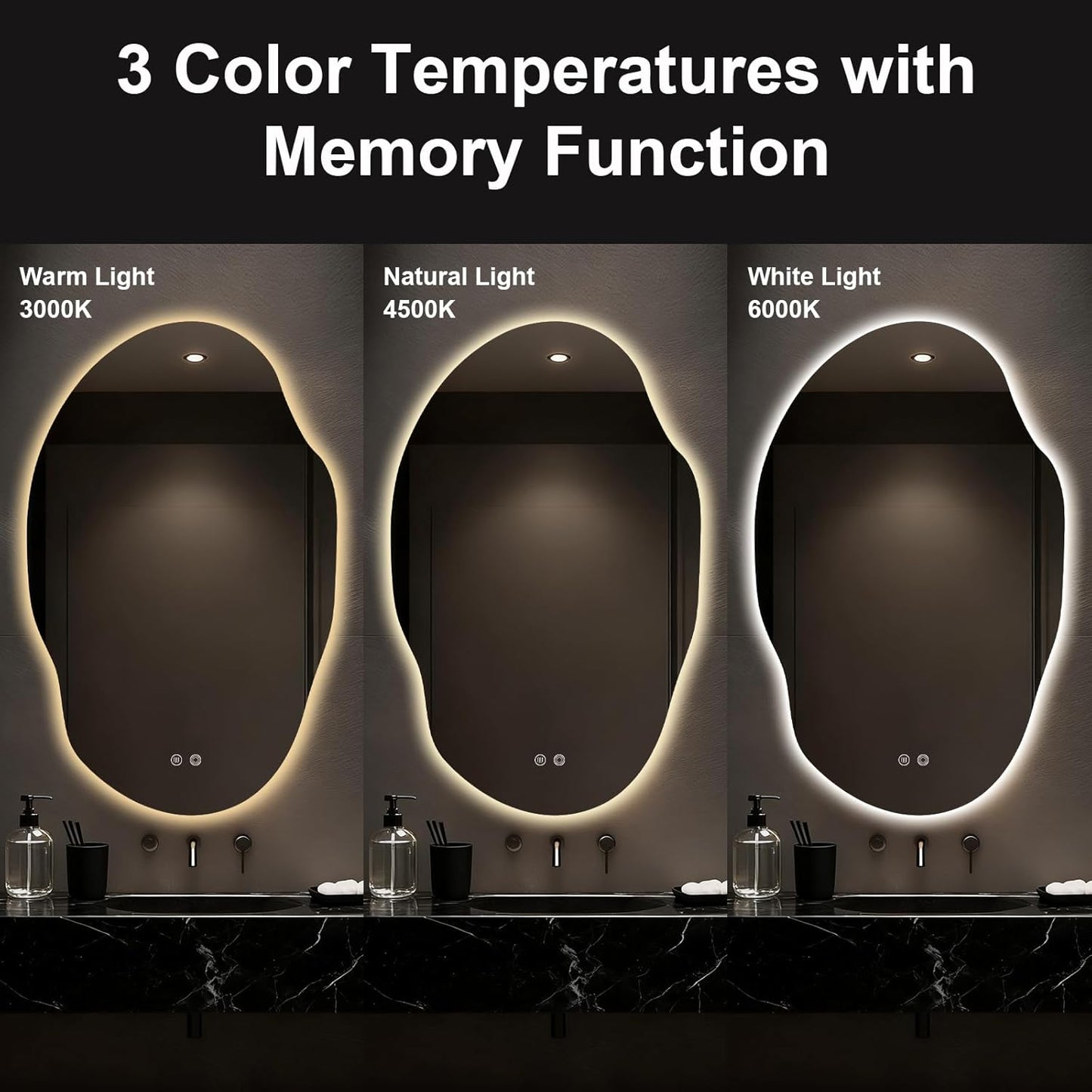 Asymmetrical Bathroom Mirror with Lights,Irregular LED Bathroom Vanity Mirror with Backlit,Anti-Fog,3 Colors and Dimmable Light with Memory,Hardwired Supported[Horizontal/Vertical] 48" H x 30" W