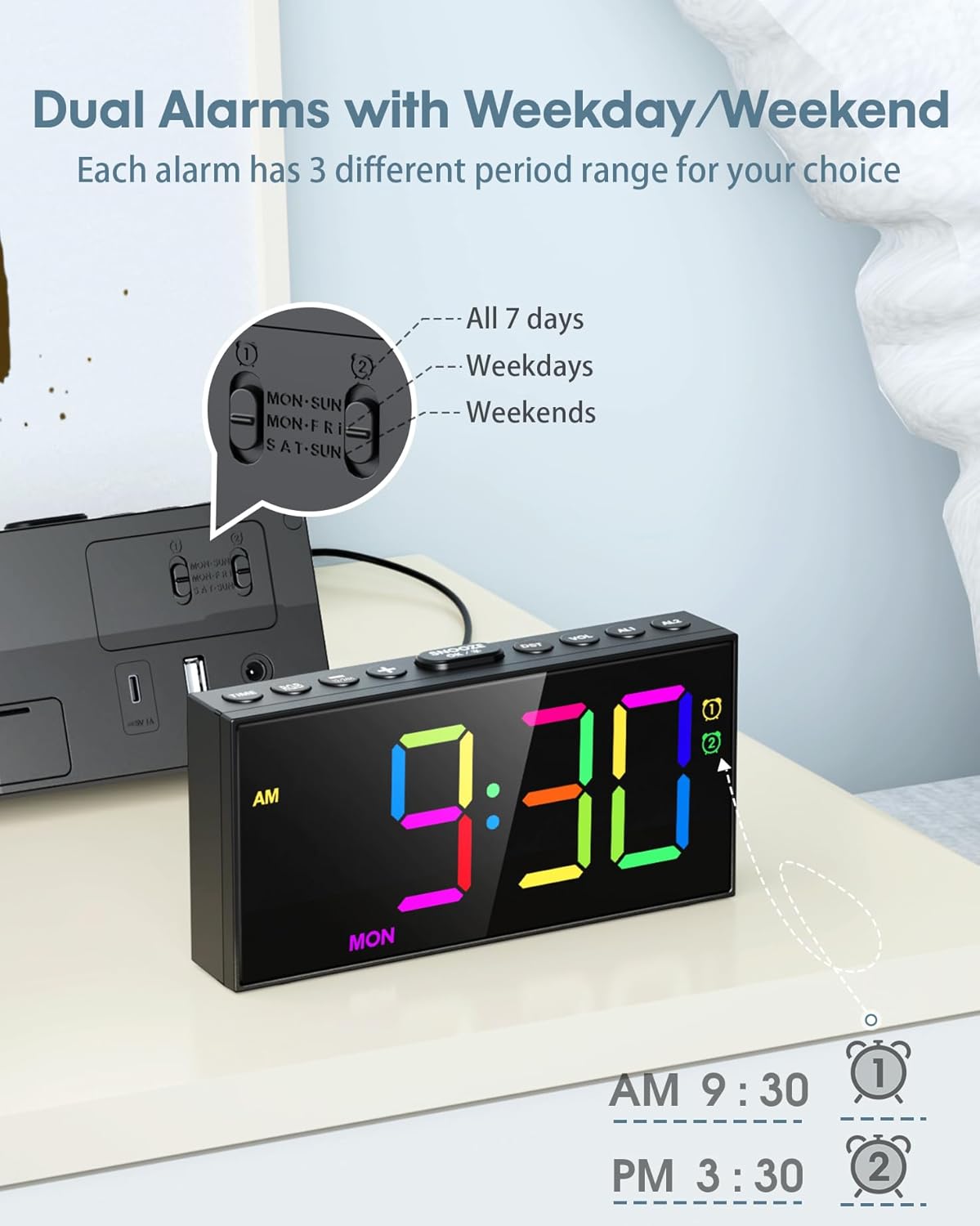 RGB Digital Alarm Clock for Bedroom, Dual Alarms ,Weekday/Weekend/Everyday Mode, 7 Dimmer,5 Volume,2 Charging Ports, 9-min Snooze,Memory Function,Plug in Desk Clock Large Display for Kids/Teens
