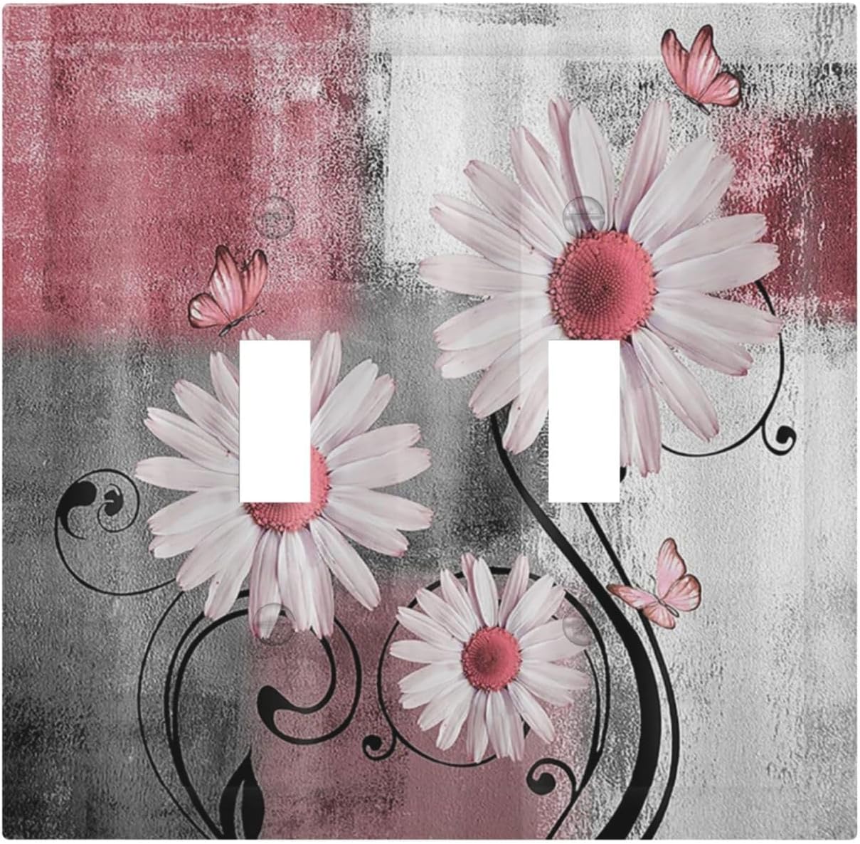 Decorative Switch Plates Pink Floral Rustic Daisy Flower And Butterfly 2 Gang Double Toggle Wall Plate Outlet Light Switch Cover Electrical Faceplate for Farmhouse Cabin Decor