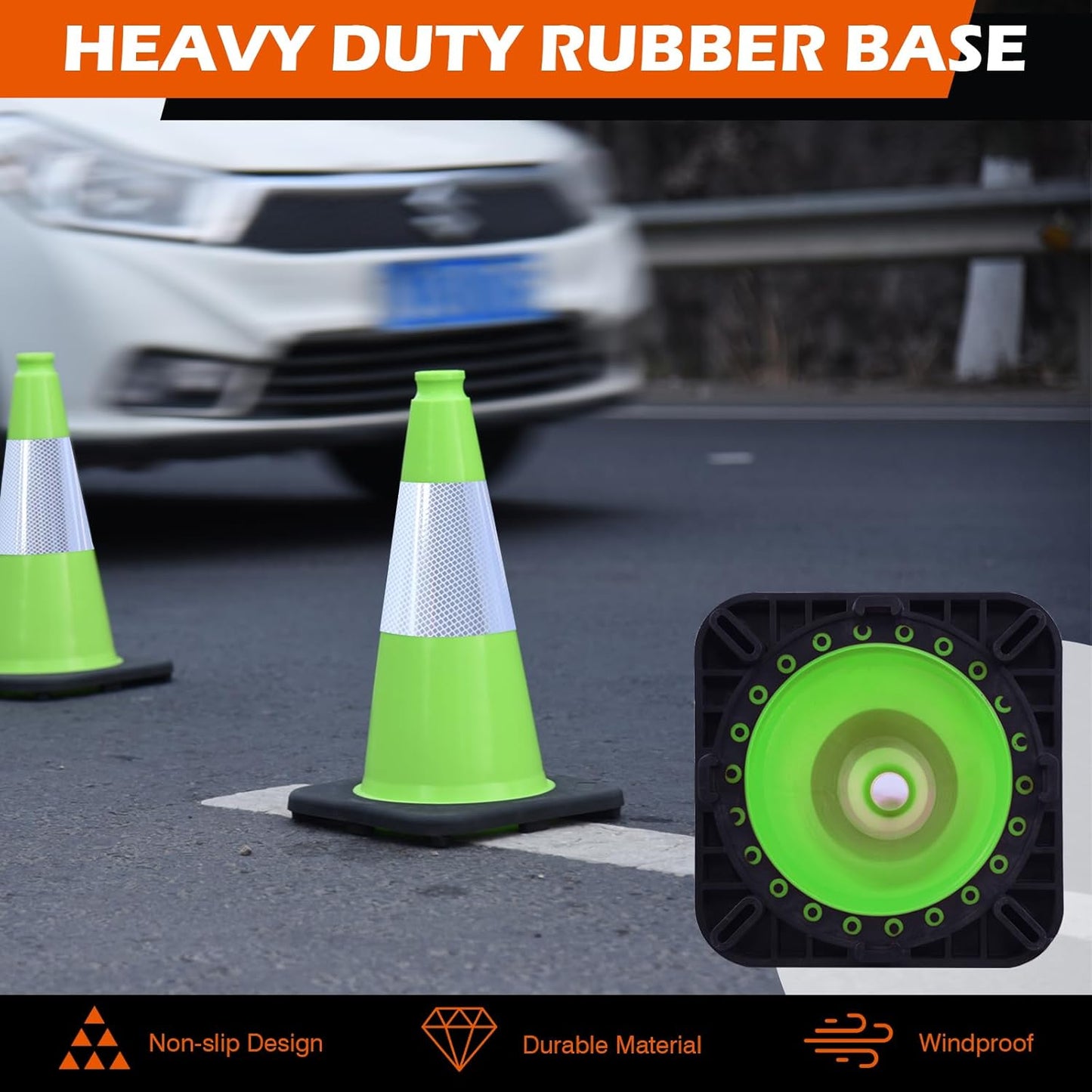 4 Pack 18 Inch Green PVC Traffic Cones Black Base Stable Durable, Parking Lot Driveway School Training Safety Cones Multi-Purpose (4, Green, 18 Inch)