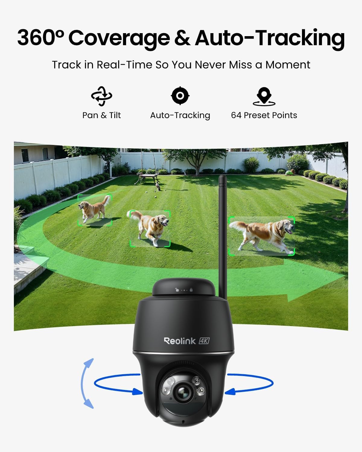 REOLINK 4K Solar Security Cameras Wireless Outdoor, 360° Pan Tilt, 8MP Color Night Vision, 2.4/5 GHz Wi-Fi 6, No Monthly Fee, Home Hub Compatible, Argus PT 4K+ 3W Solar Panel (Black)