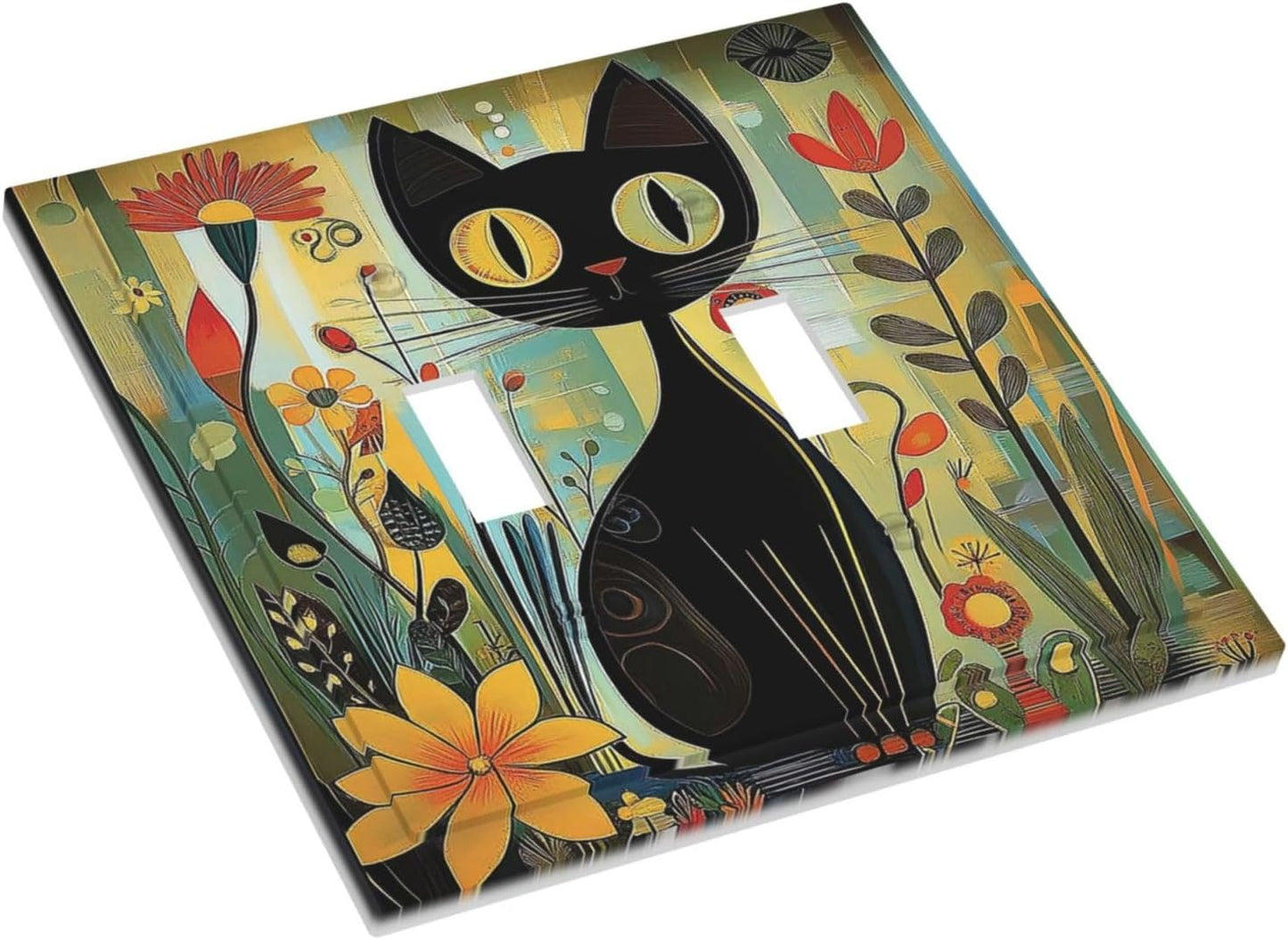 Funny Cat Retro Abstract Flowers Kitten Decorative Switch Plates 2 Gang Double Toggle Outlet Light Switch Cover Wall Plate Electrical Faceplate For Kids Room Bed Room Decor