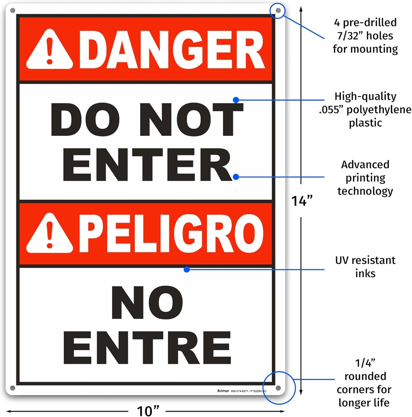 Brimar - 10" x 14" - Bilingual Danger Do Not Enter Sign - .055″ Polyethylene Plastic - Easy Installation - Versatile Application