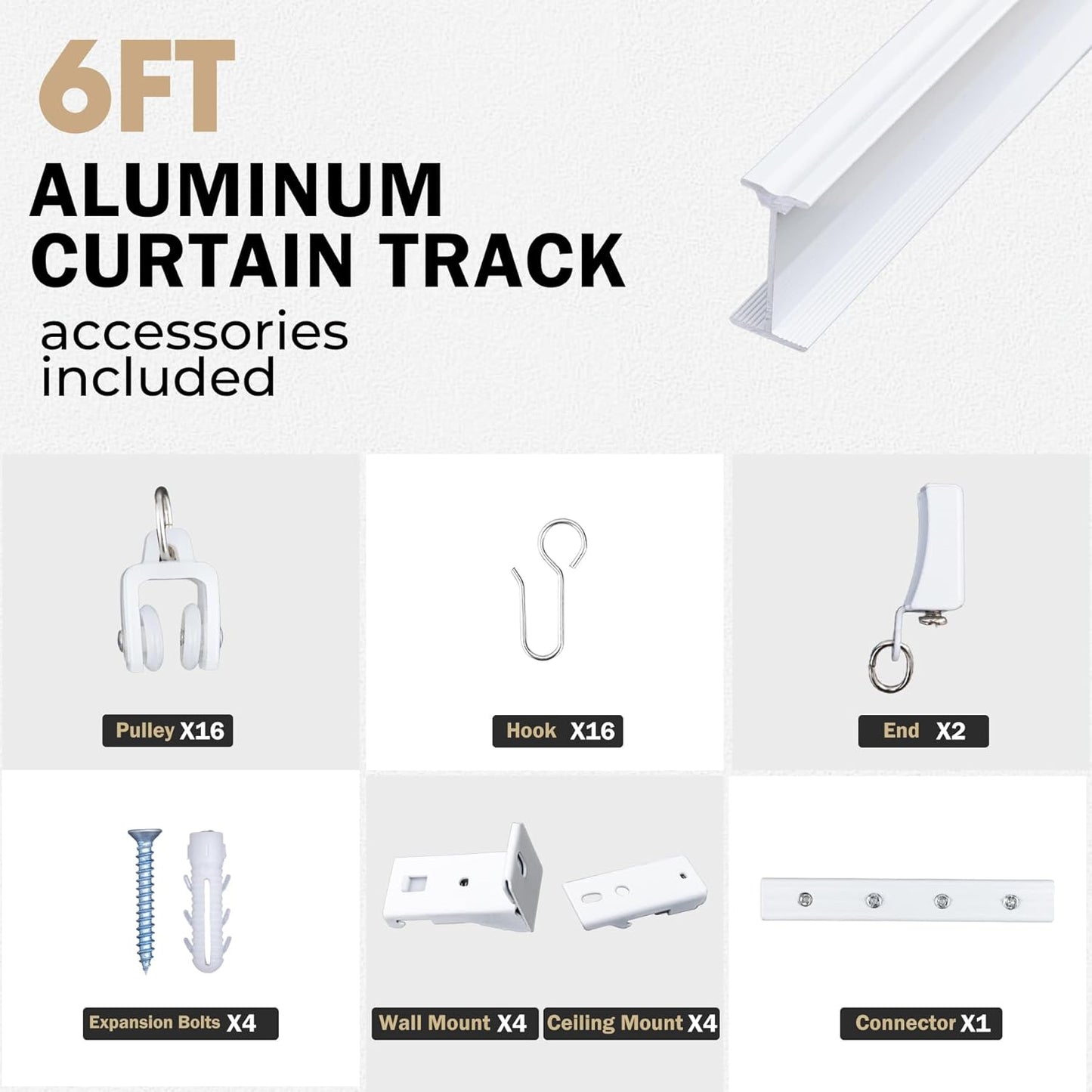 Aluminum Ceiling Curtain Track Set with Hooks Ceiling Mount and Wall Mount Room Divider Sliding Curtain Tracks Rods Flexible Heavy Duty Curtain Rail Hook Sets,White,6FT