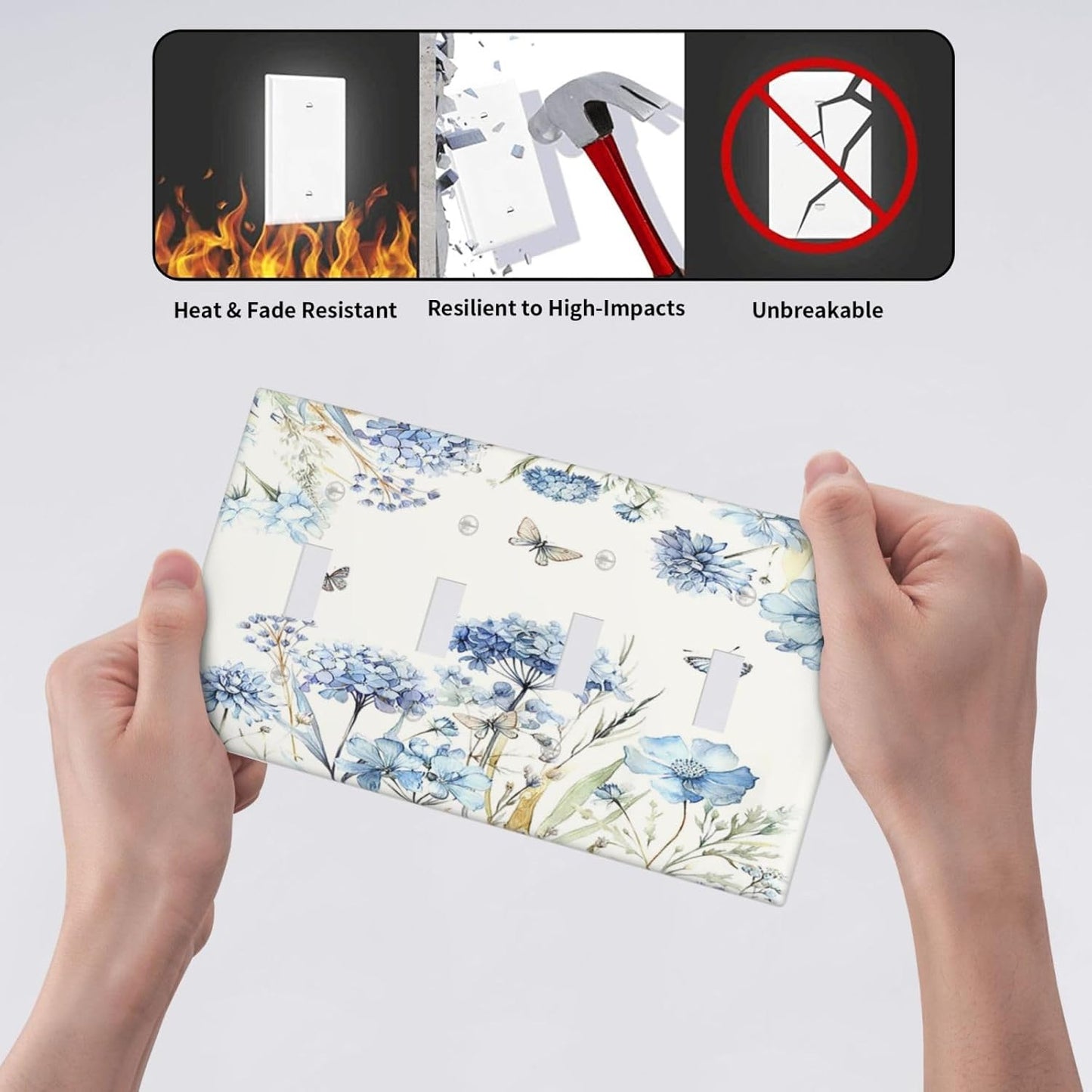 Light Switch Covers Blue Floral Hydrangea Plants Quad Toggle 4 Gang Wall Plate Electrical Faceplate Decorative Switch Plates for Bedroom Home Decor