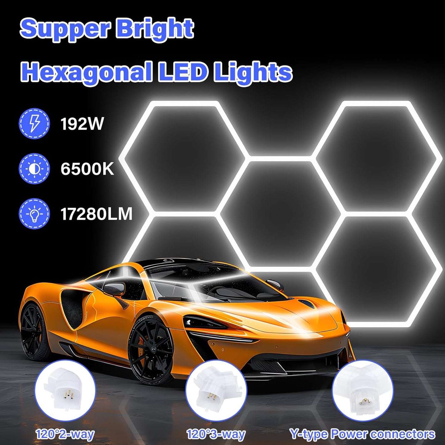 Hexagon Garage Lights-192W LED Lights,6500K 25650LM Upgraded 3-Level Dimmable LED,Shop for Car Detailing,Workshop, Basement,Gym, Barber
