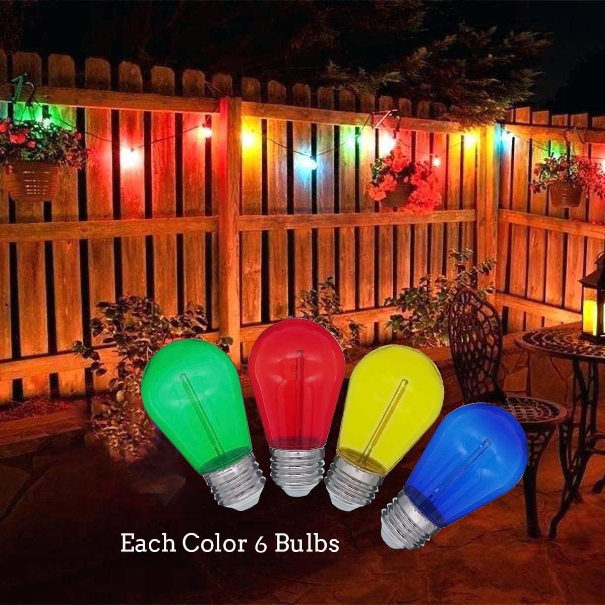 Jslinter Colored String LED Light Bulbs - 1 watt Plastic Outdoor Indoor S14 Bulbs for Christmas String Light Replacement - Shatterproof - E26 Base - 24Pack - Red/Blue/Yellow/Green