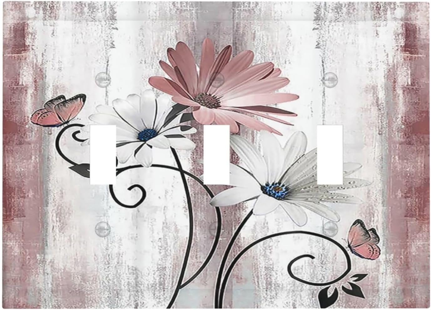 Decorative Switch Plates Pink White Daisy Butterfly Wood Grain 3 Gang Wall Plate Triple Toggle Light Switch Cover Faceplate Electrical Wall Panels for Farmhouse Bathroom Decor