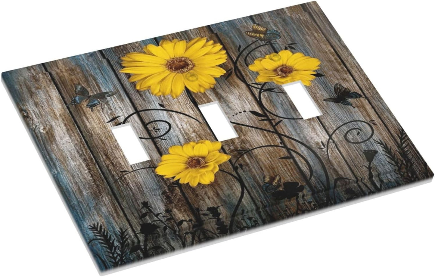 Rustic Barn Sunflower Wooden Daisy Flower Plank Decorative Switch Plates 3 Gang Wall Plate Triple Toggle Light Switch Cover Faceplate Electrical Wall Panels for Farmhouse Home Decor