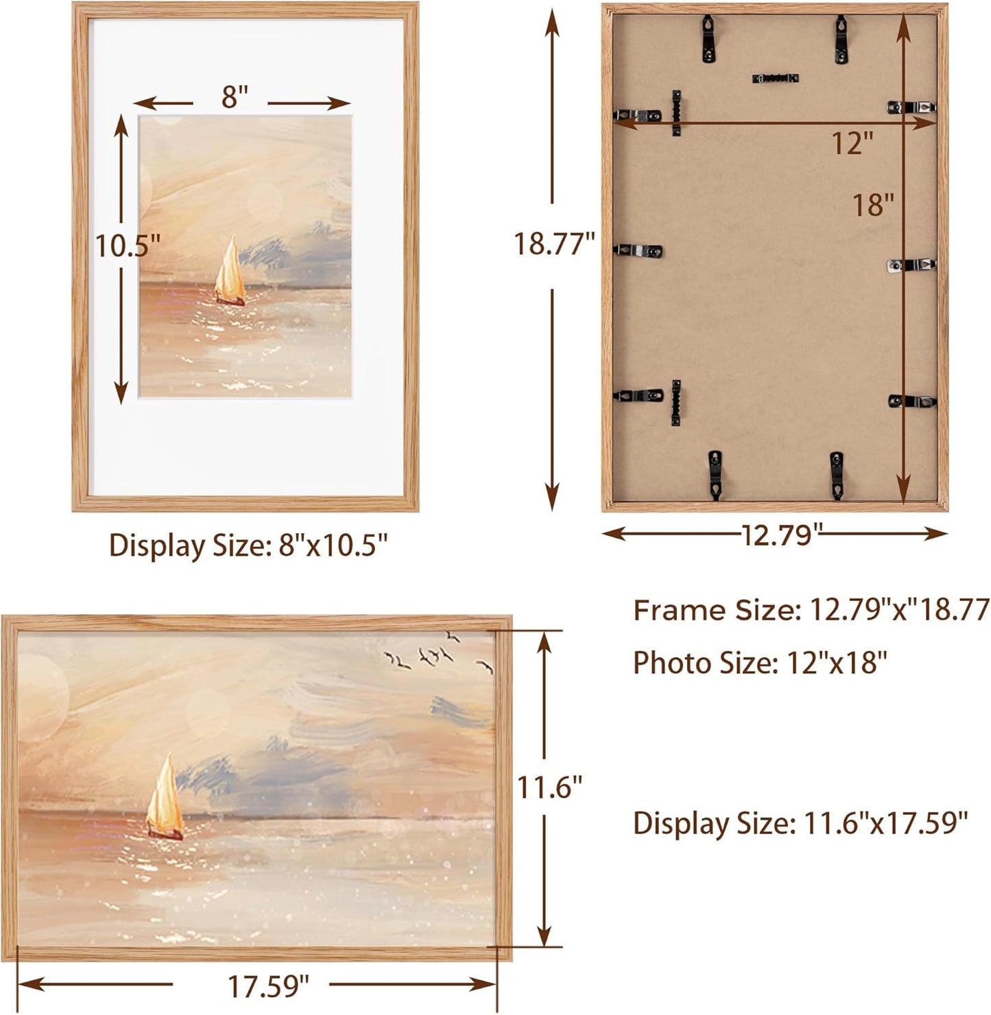 Fun Memories Solid Oak Wood Picture Frame 12"x18" for Wall - Tempered Real Glass, Matted to 8.5x11, Poster Frame (Natural Oak Color, 1 Pack)
