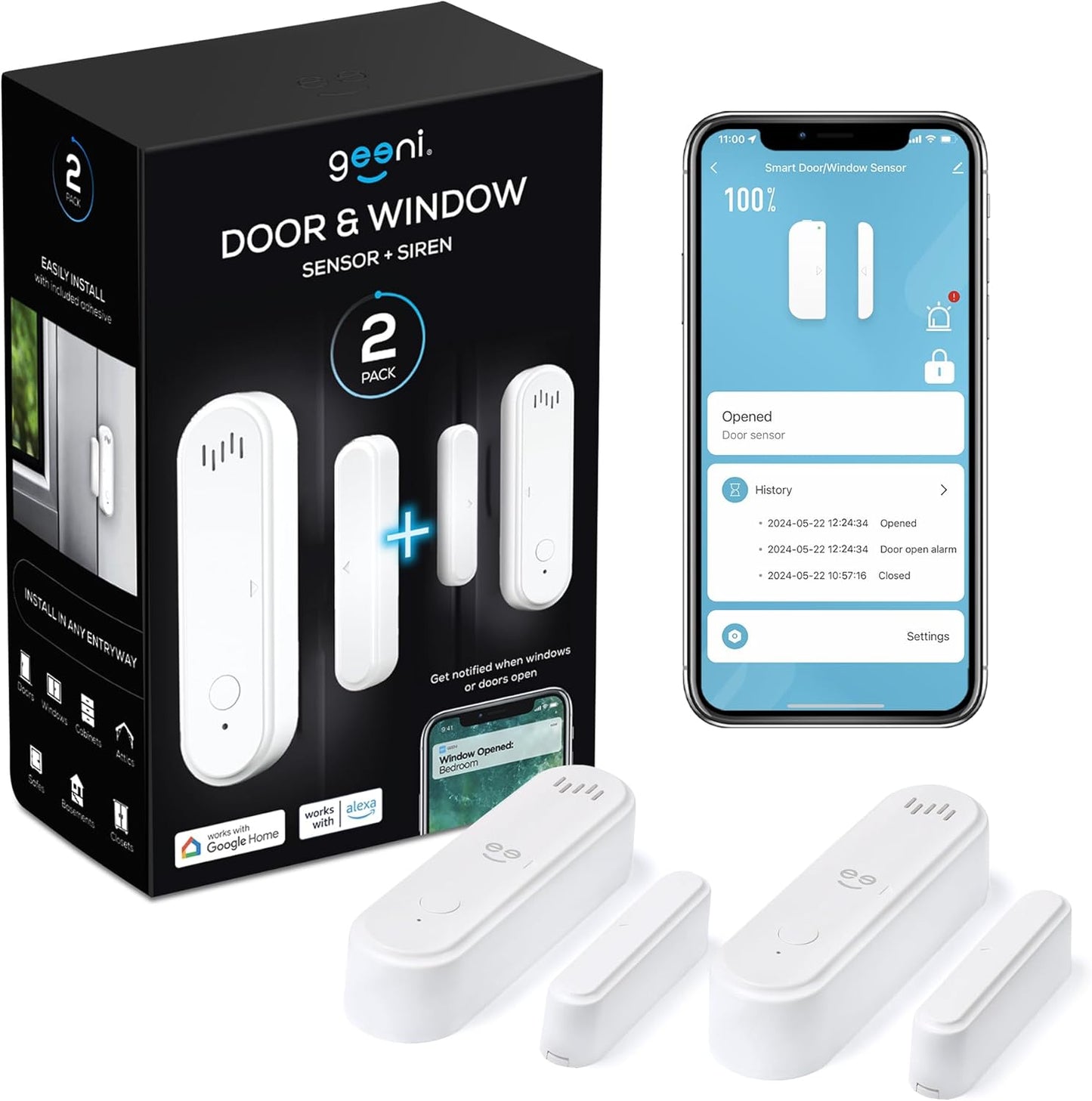 Geeni Smart Door and Window Sensor Alarm 2 Pack WiFi Battery Powered Security Sensor with Siren, Instant Alerts, Alexa & Google Assistant Compatible for Home, Office, Garage