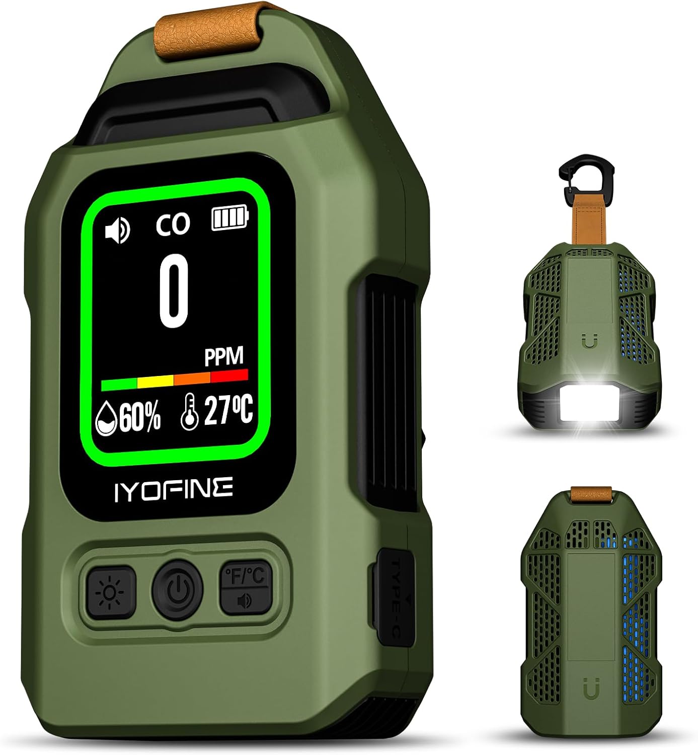 Portable Carbon Monoxide Detector for Travel, 300H Standby, CO Detector with Magnetic Back, Rechargeable 3-in-1 CO Monitor with Audible & Visual Alarm for Camping, Hotel, Car & RV (Green)