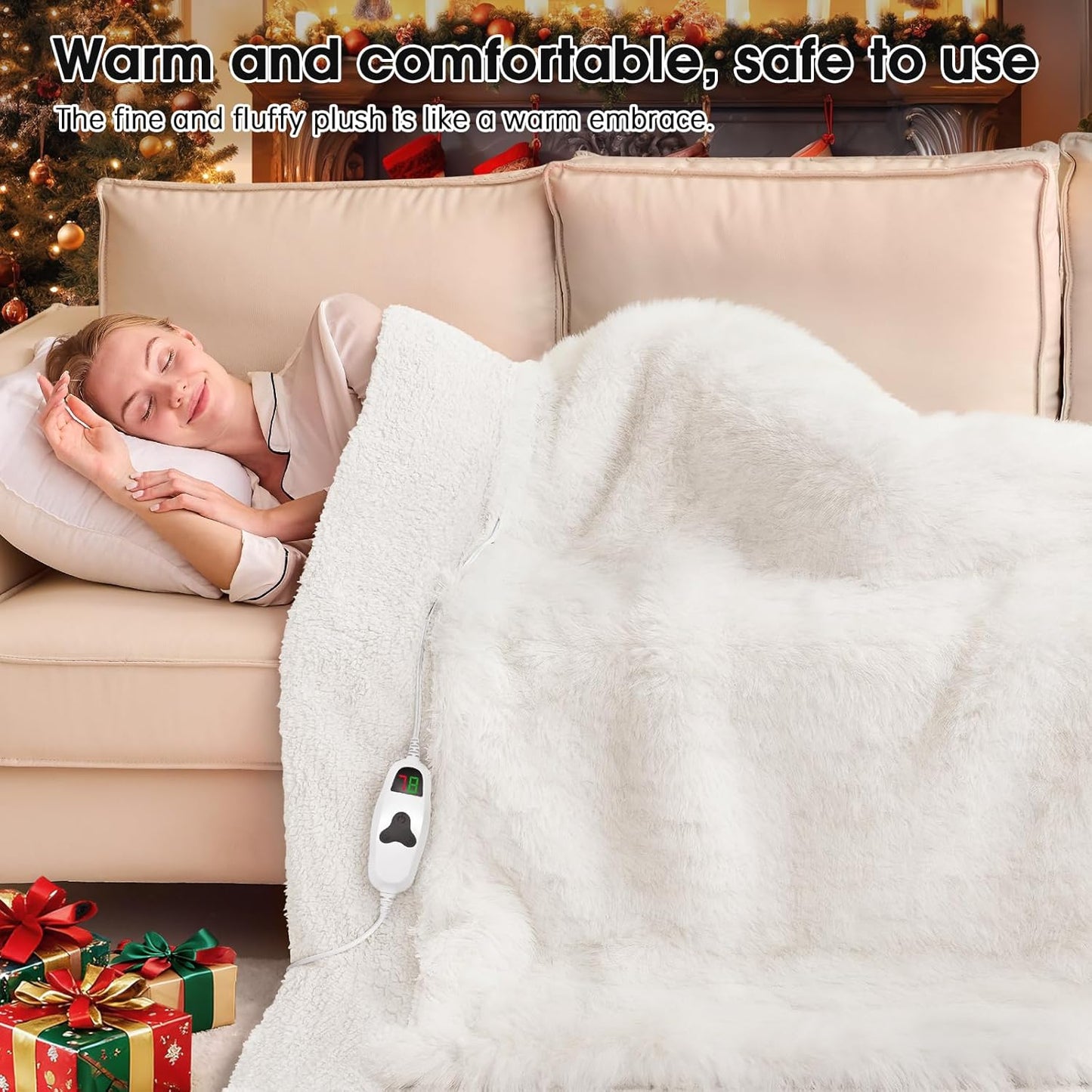 Heated Electric Blanket Throw–Faux Fur with Soft Thick Sherpa,Warm Winter Birthday Gifts for Women Grandma,10 Heat Settings,5 Time Settings with Fast Heating, 50x60, Snow Cloud