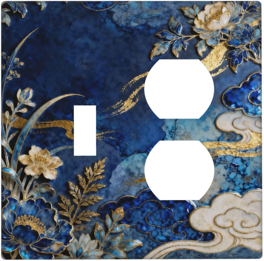 Decorative Outlet Covers Blue White Flower Gold Line Cloud 2 Gang Light Switch Cover Plate Single Toggle Duplex Wall Plates for Electrical Outlets Switch Plate Covers for Home Decor