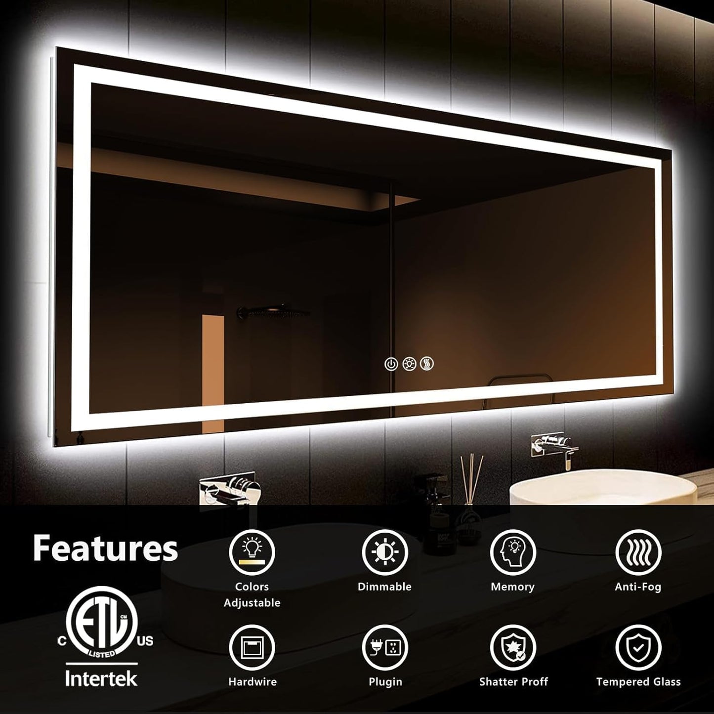 ROOMTEC 88 x 38 Inches LED Bathroom Mirror with Front and Backlit,Anti-Fog,3 Colors and Dimmable Light(Horizontal/Vertical), Silver